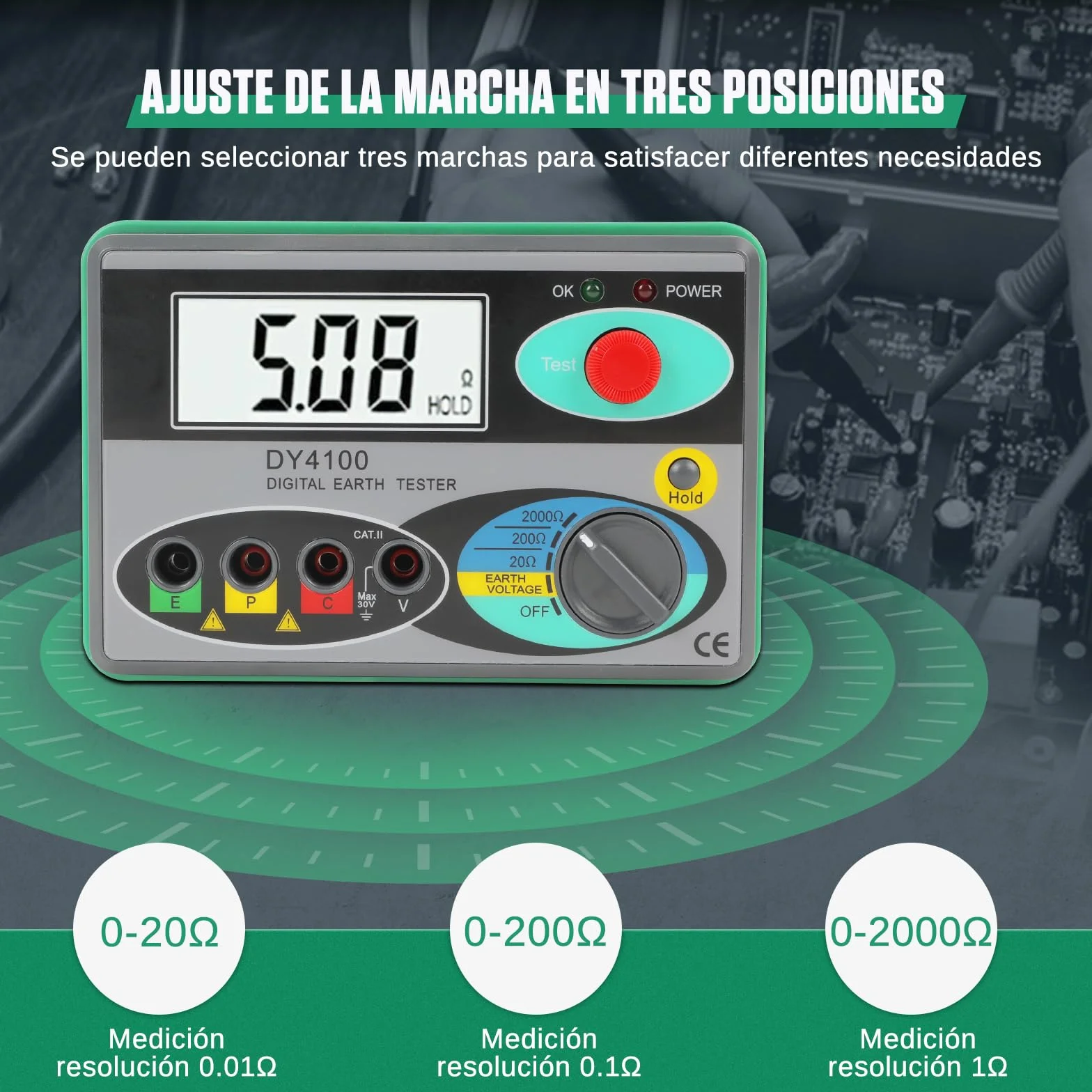 KAISAL Probador de Resistencia de Tierra Eléctrica 0~2000Ω Medidor de Resistencia a la Tierra Digital LCD Máquinas de Medición de la Resistencia del Suelo Megohómetro