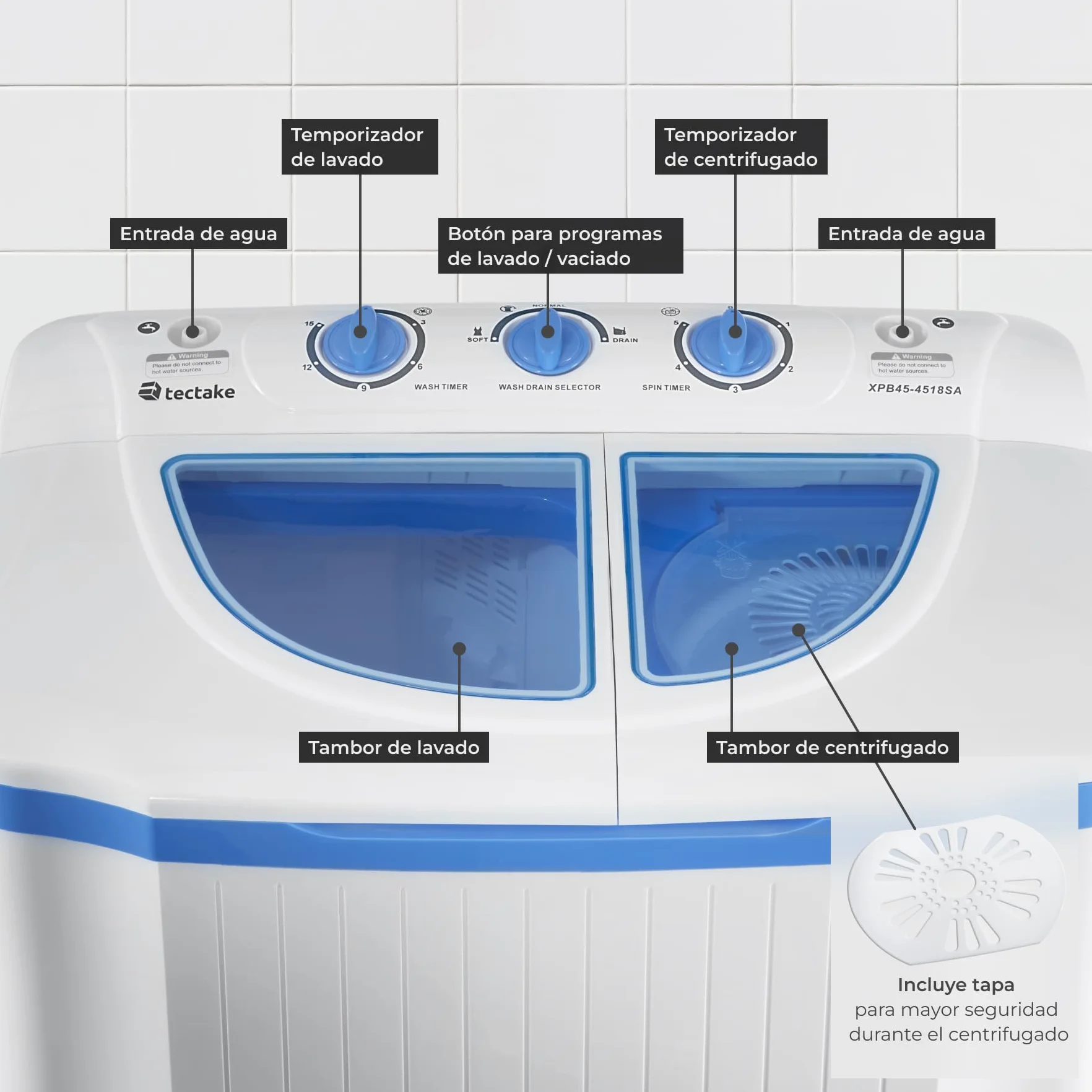 Tectake Lavadora Portátil Mini 4,5kg Carga Superior Ahorro Energía Máquina Lavadora Camping Caravanas Blanco