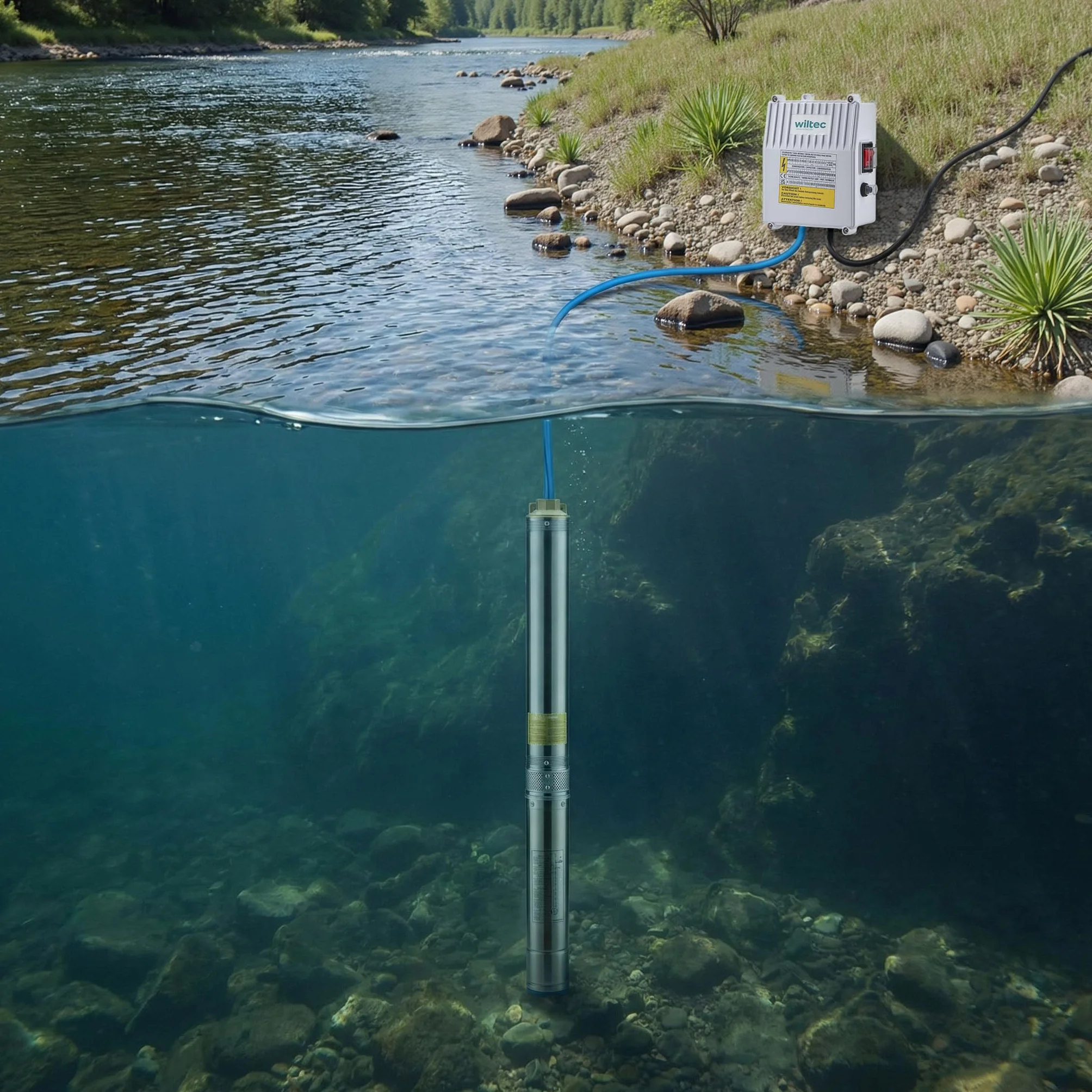 Wiltec Bomba para pozos profundos de 4" y 550 W, bomba de agua con un caudal de 6000 l/h, sifón sumergible con profundidad de inmersión máx.de 20 m y altura de elevación máx. de 59 m