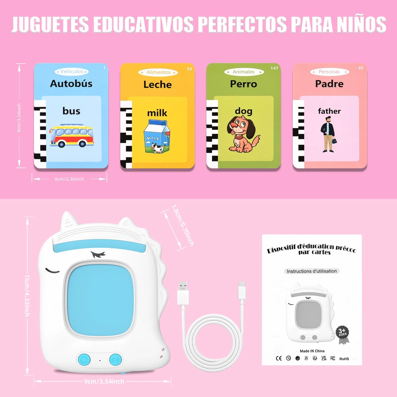 Tarjetas Flash Parlantes Juguetes Educativos para Niños 2+ Años 112 Hojas 224 Palabras Bilingüe Español Inglés (Blanco)