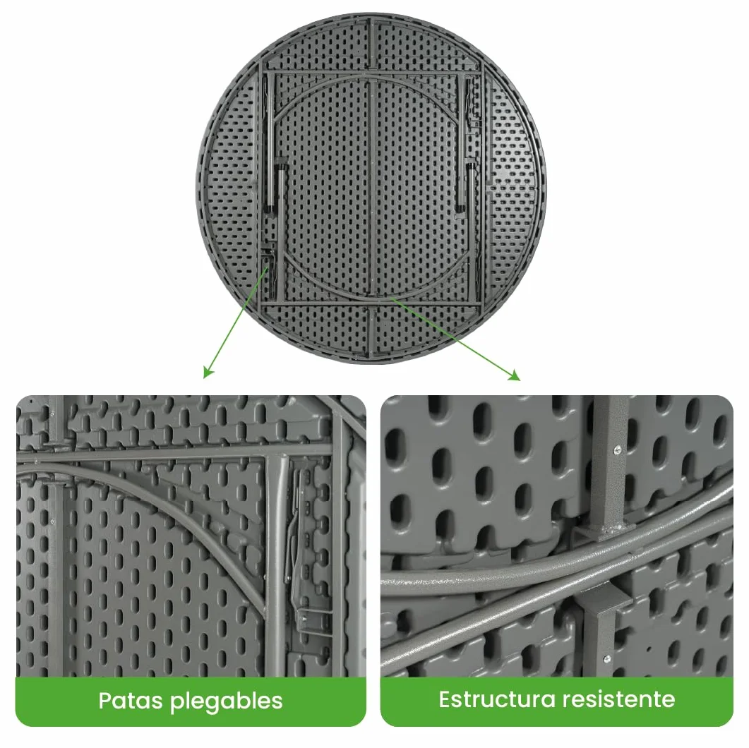 Mesa Redonda Grande de 160 x 160cm con Patas Plegables de Exterior, Jardín, Catering y Hostelería. Auxiliar para Comedor y Camping, de 8 Personas, Fácil de Transportar, Portátil y de PVC