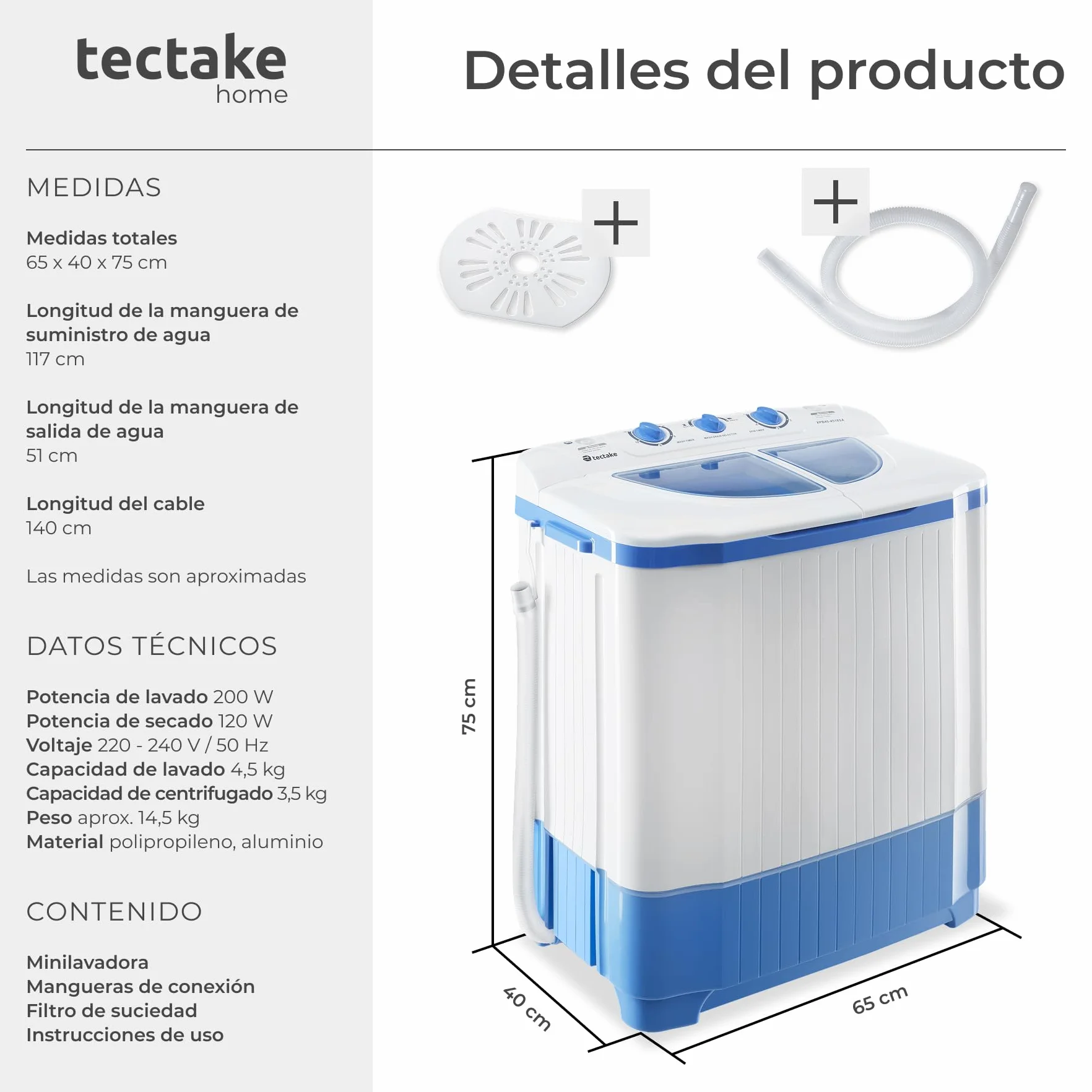 Tectake Lavadora Portátil Mini 4,5kg Carga Superior Ahorro Energía Máquina Lavadora Camping Caravanas Blanco