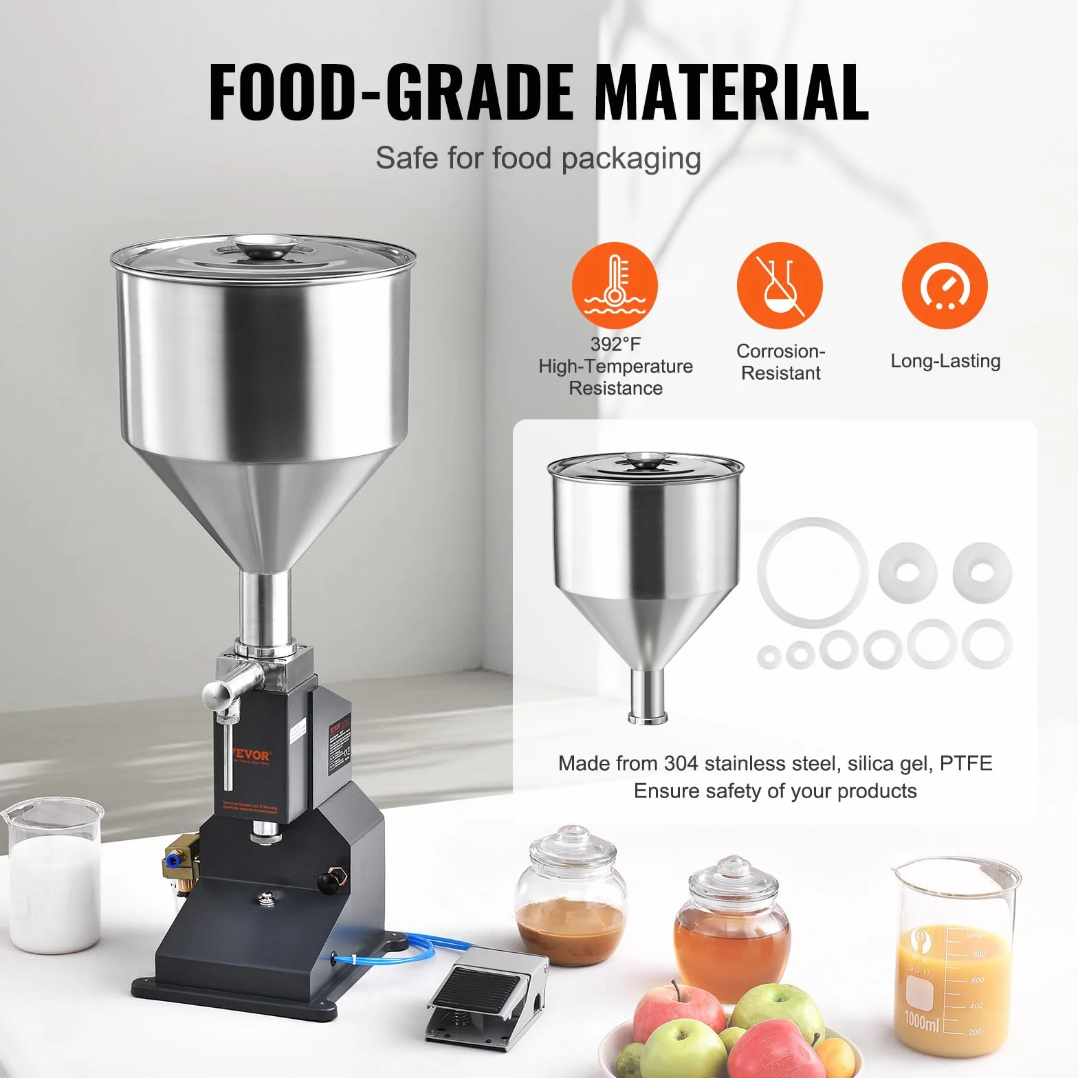 VEVOR Máquina de Llenado de Líquidos Pasta Neumática Llenadora de Botellas de Acero Inoxidable de 5-50 ml con Pedal para Leche, Agua, Zumo, Aceite Esencial, Champú, Miel, Loción Cosmética