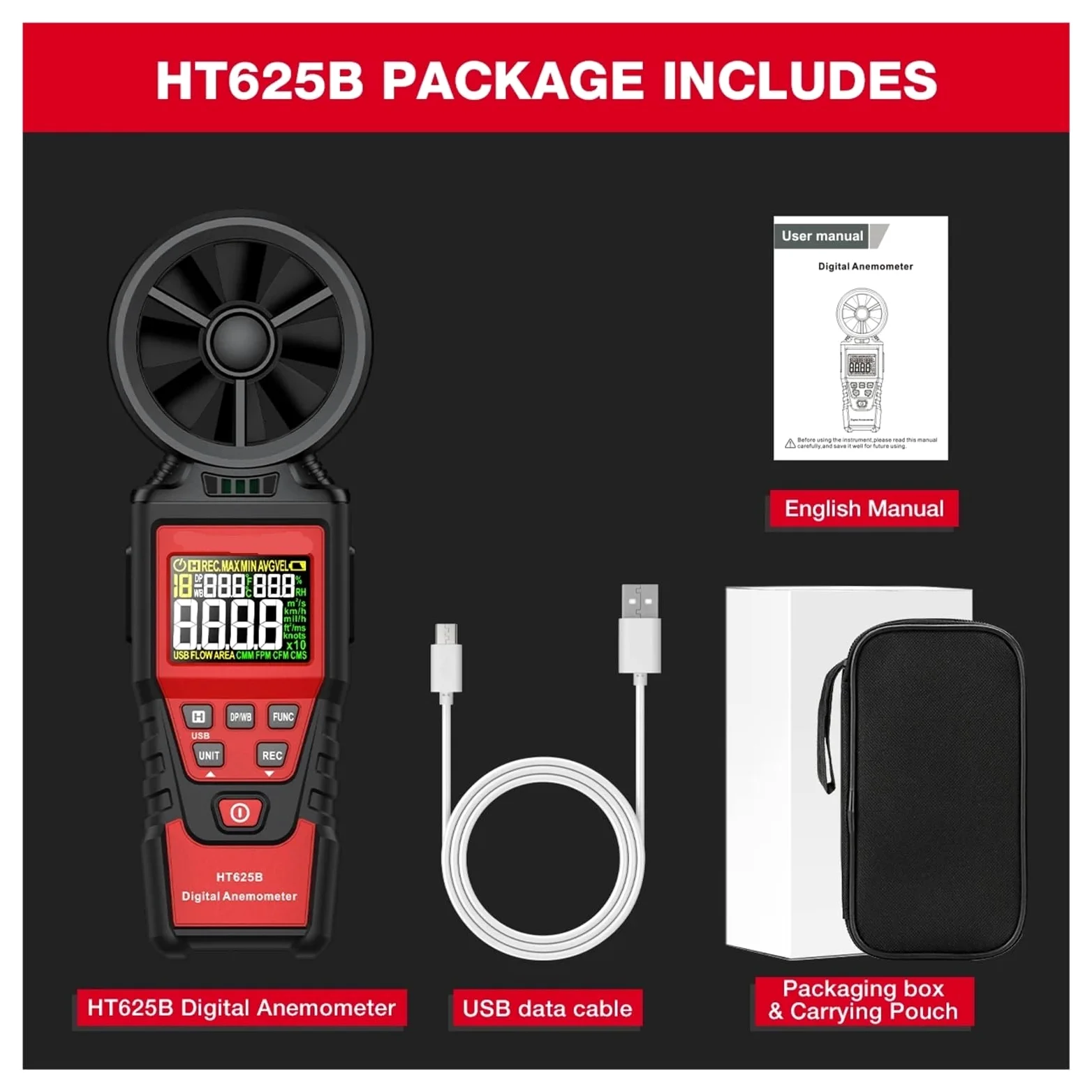 Anemómetro portátil HT625, medidor de velocidad del viento, anemómetro Digital mano, pantalla LCD(HT625B)