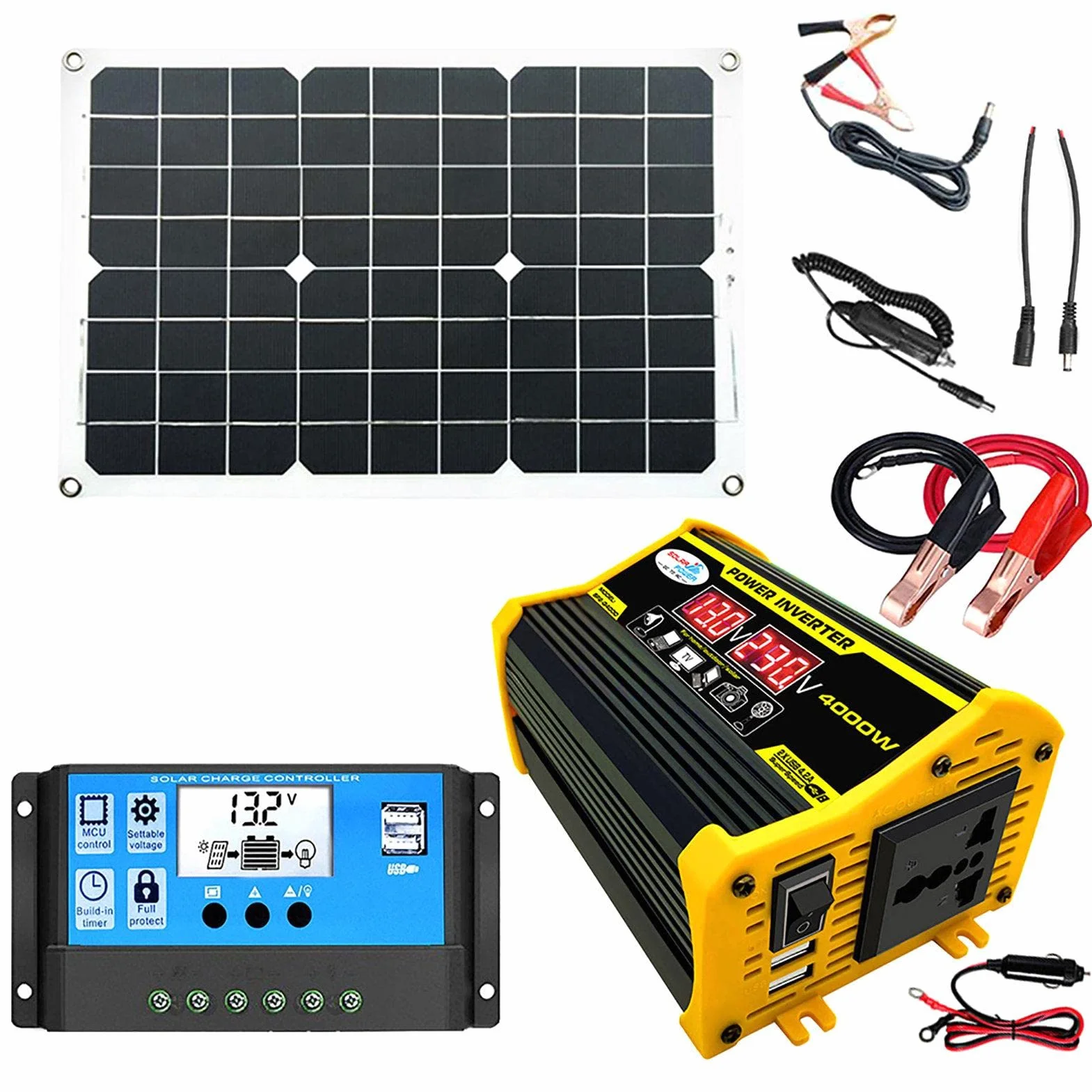 Kit de panel solar portátil, sistema de energía solar, inversor de 4000 W con 2 puertos USB, control de carga solar 30 A, indicador de pantalla LED, carga rápida para fuente de alimentación de