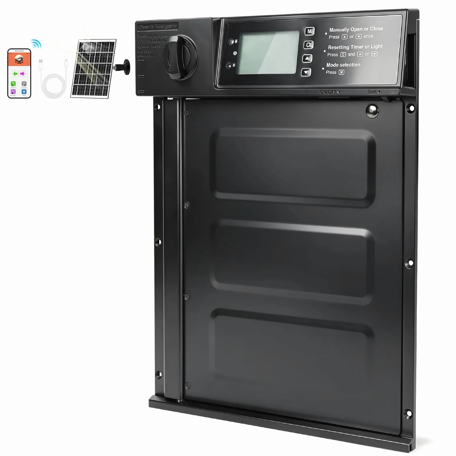Puerta de pollo automática grande de aluminio, funciona con energía solar y USB, con WiFi (control de aplicación), Tuya, temporizador, sensor de luz, resistente al agua, pantalla LCD y clip