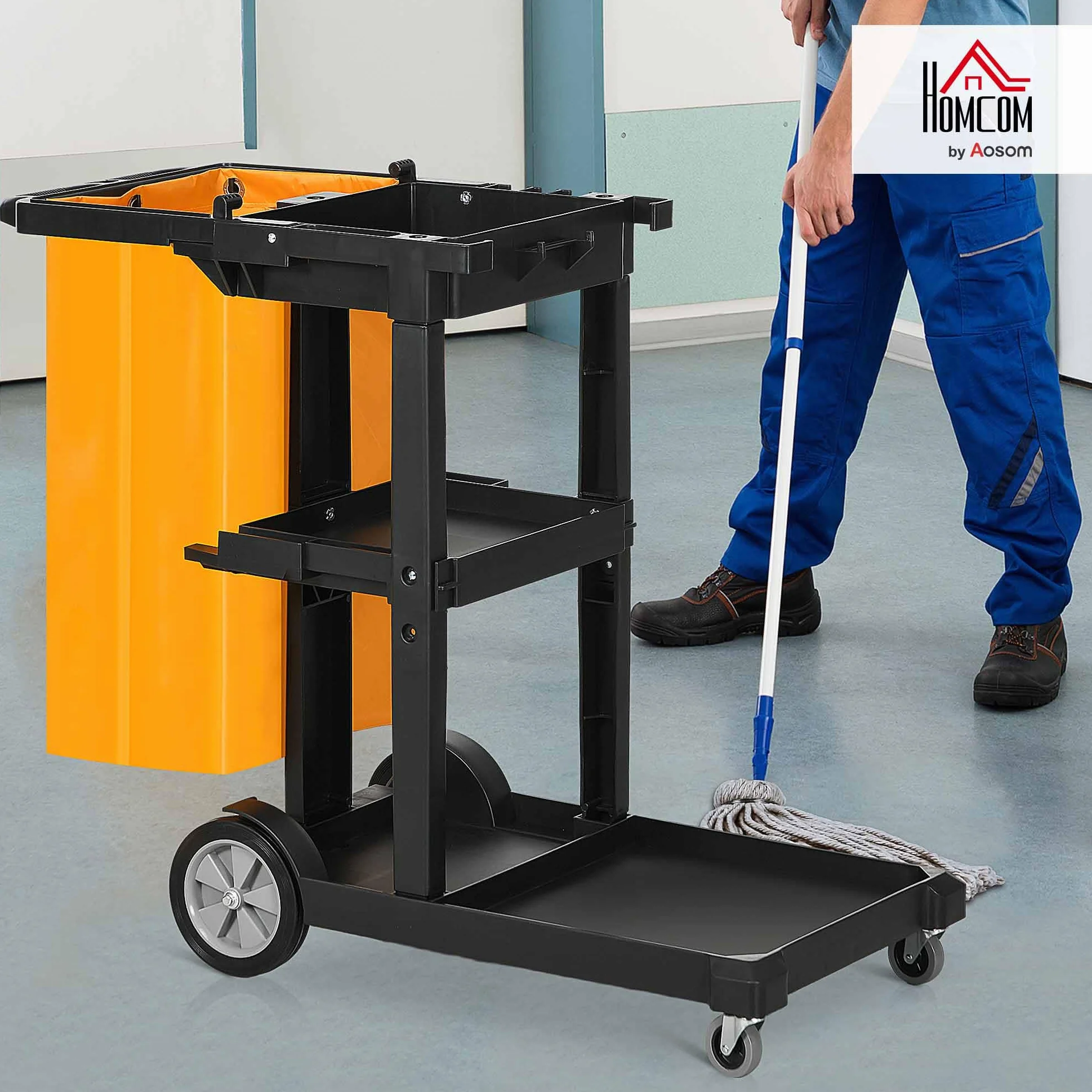 HOMCOM Carro de Limpieza con Bolsa 100L Profesional y Multifuncional para Colectividades Hotel Hostal con 3 Bandejas y 1 Plataforma 121x50,5x96,5 cm Negro y Amarillo