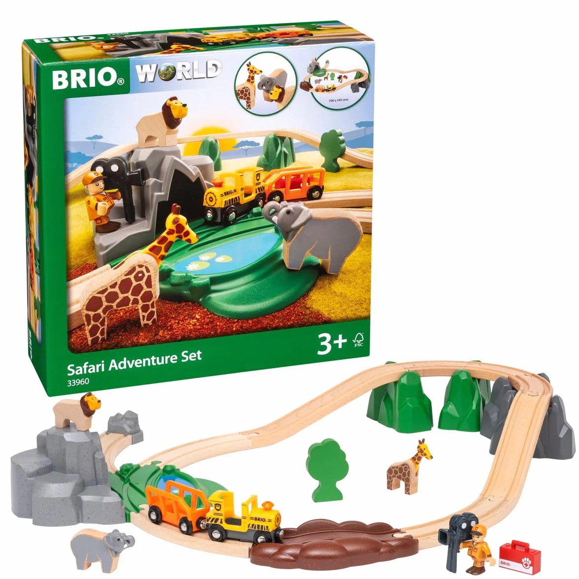 BRIO World Set Aventuras Safari Ferrocarriles, Set de Construcción de Madera Tren Juguete Niños 3 Años
