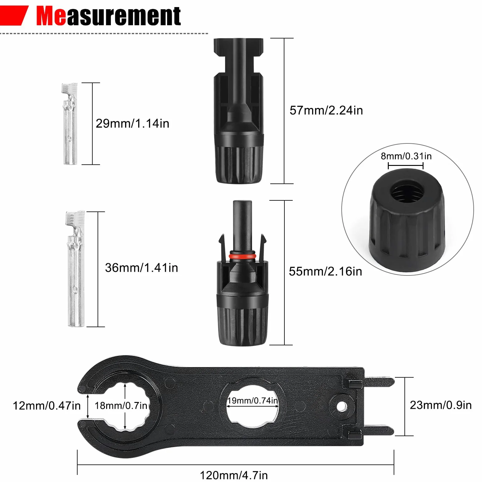 100 conectores MC4 Soar Conectores de cable de panel solar, 1000 V, 30 A, IP67, impermeable, enchufe macho/hembra con llaves, adecuado para cables solares de 14 AWG-10 AWG (50 pares)