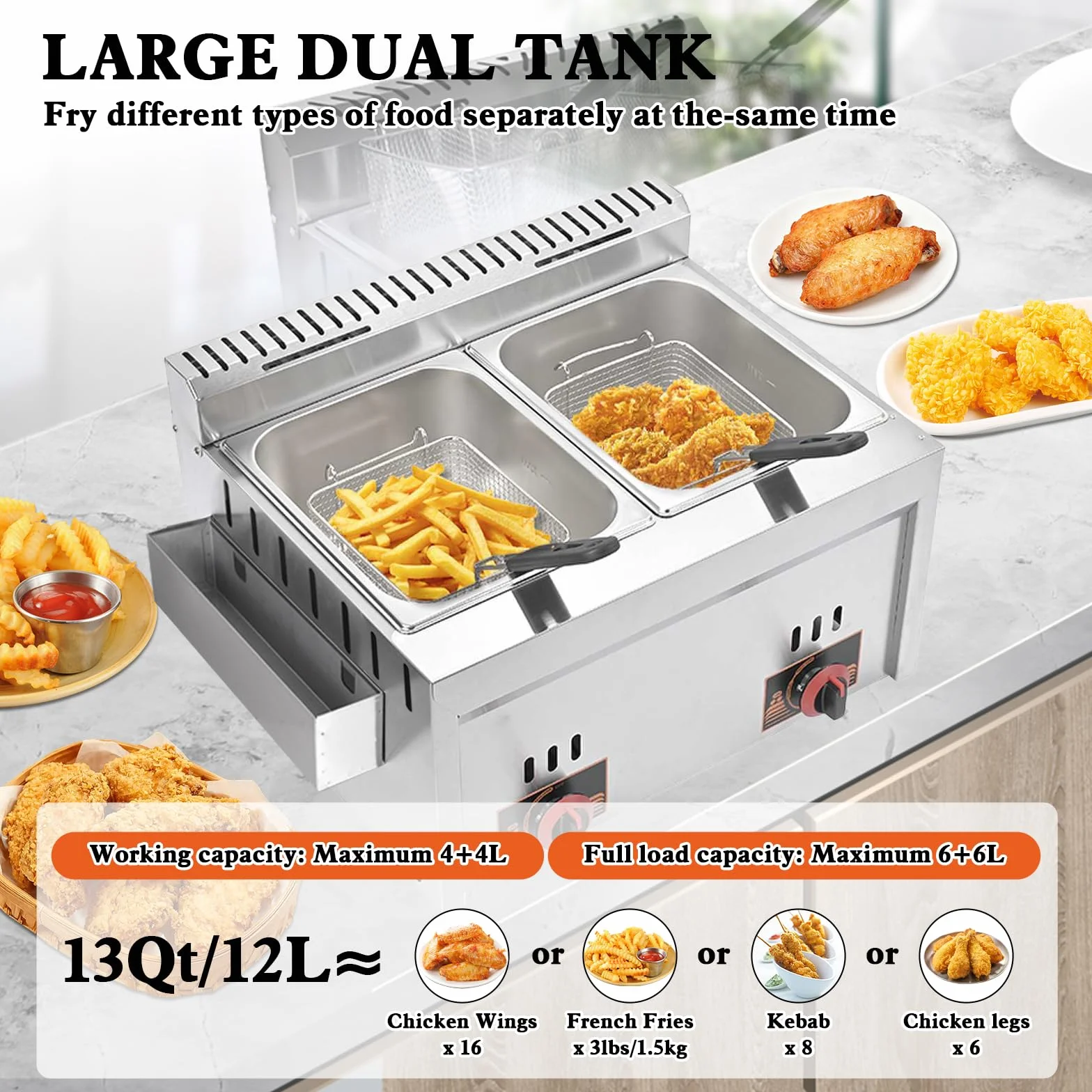 Freidora de Gas Comercial, Freidora Doble de Gas 6L+6L con 2 Cestas y 2 Tapas, Temperatura Ajustable, Calentamiento Rápido para Uso Comercial y Doméstico, Restaurantes y Bares de Aperitivos