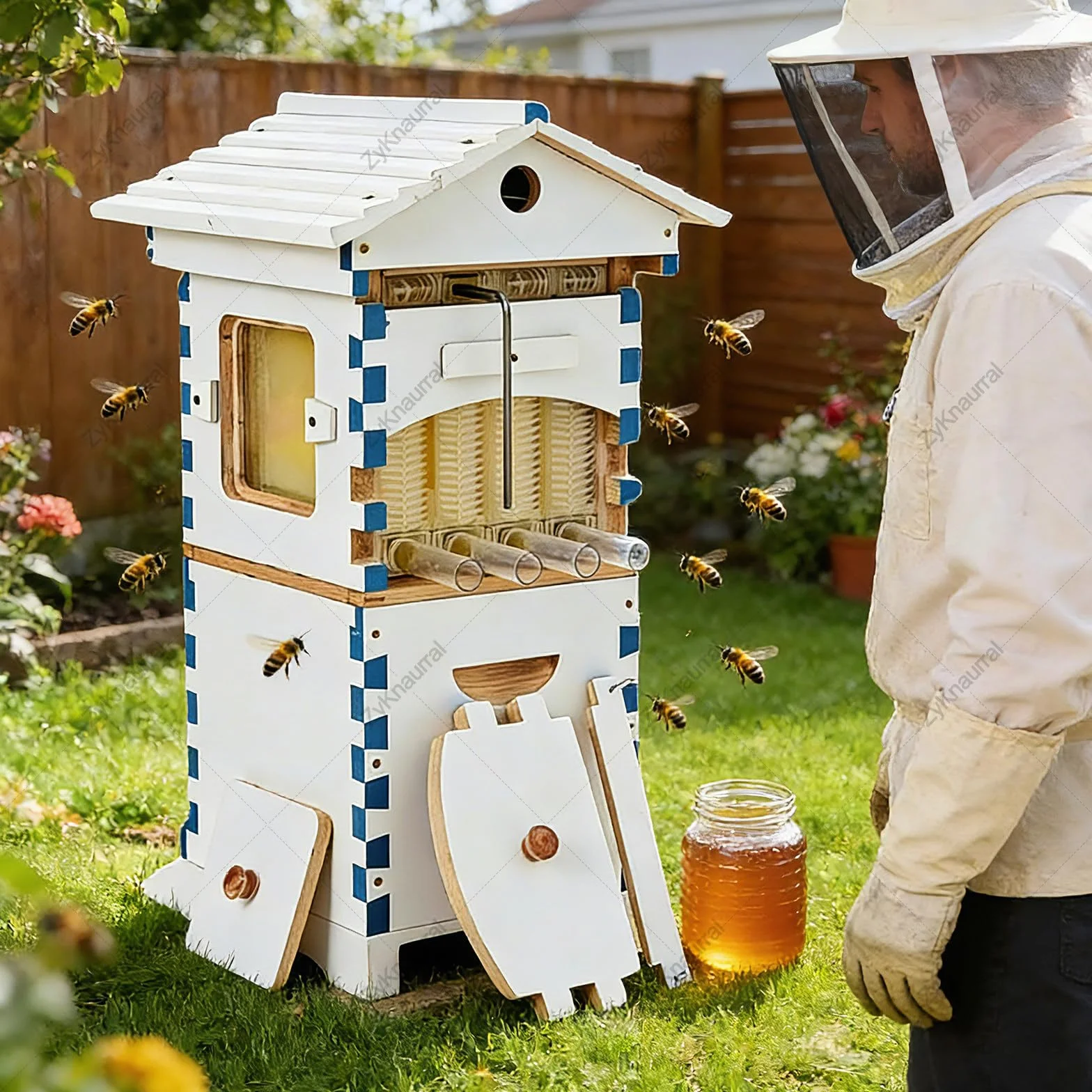 Kit Completo De Inicio para Colmena Flow Hive, Incluye 4 Cuadros De Miel Automáticos Y 6 Cuadros De Cría, Fácil Cosecha, Madera Duradera, con Traje De Apicultor.