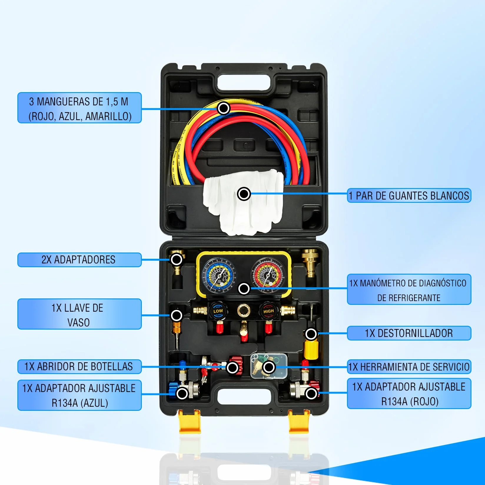 Pindex Puente manómetro 2 vías para refrigerante R1234YF R134A R404A, Manómetro Aire Acondicionado con 3 Mangueras de 1,5 M, para Recarga de Aire Acondicionado Coche