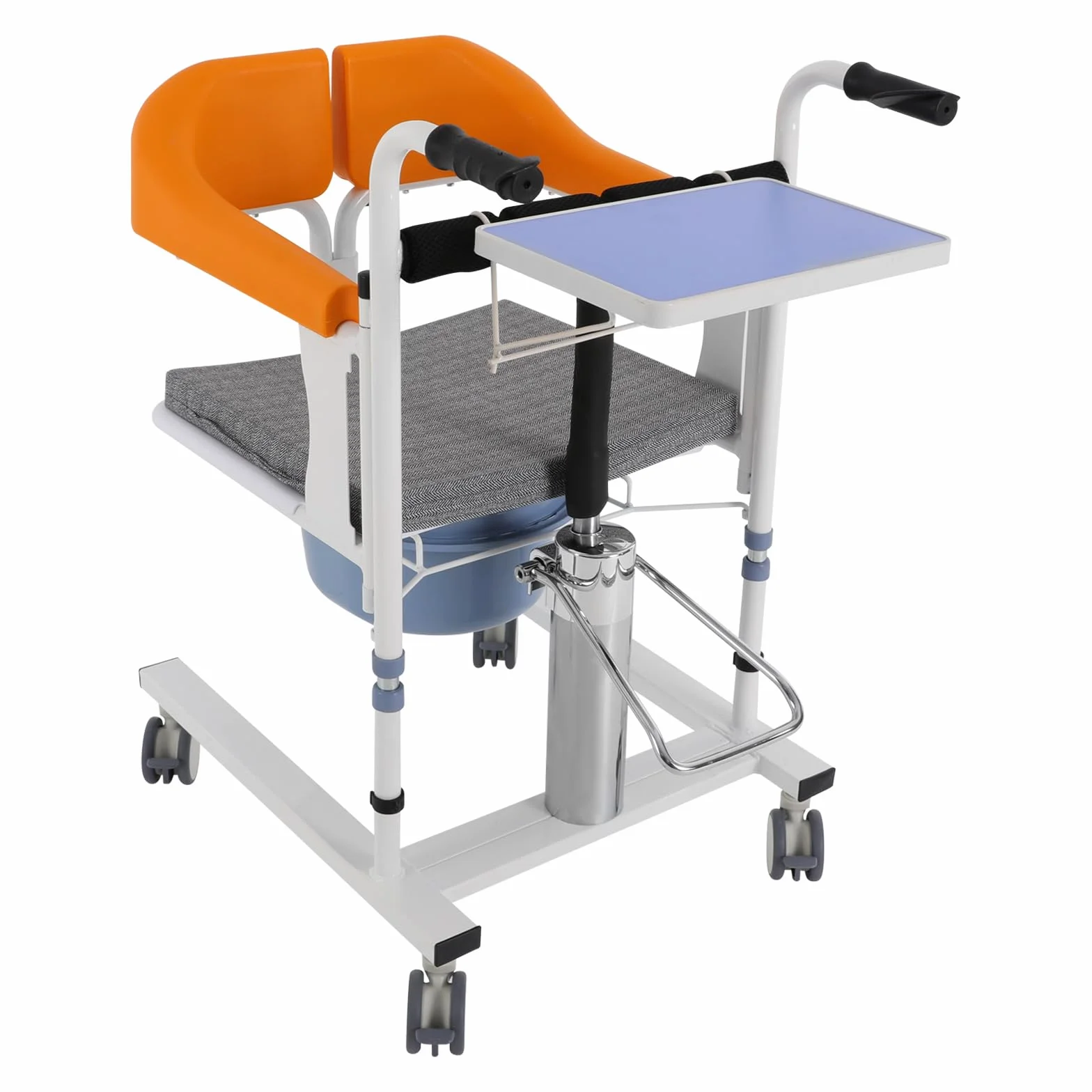 Silla de transferencia hidráulica para pacientes con ruedas, silla de transporte de altura ajustable con función de inodoro y mesa para ancianos y embarazadas, color naranja