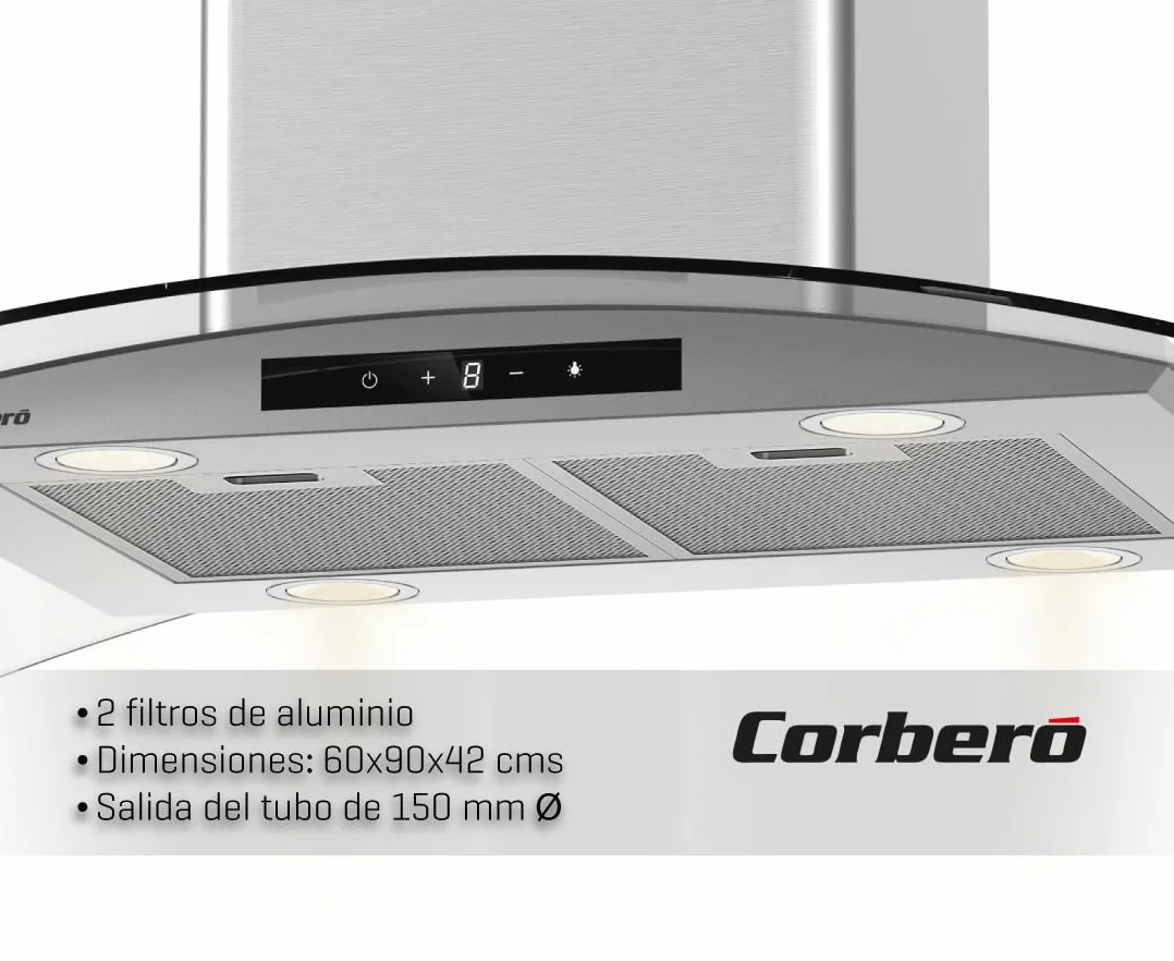 Corberó Campana Extractora Isla 90 cm SIROS9100 946m³/h 66db 296W 6 Velocidades Control Touch Inox