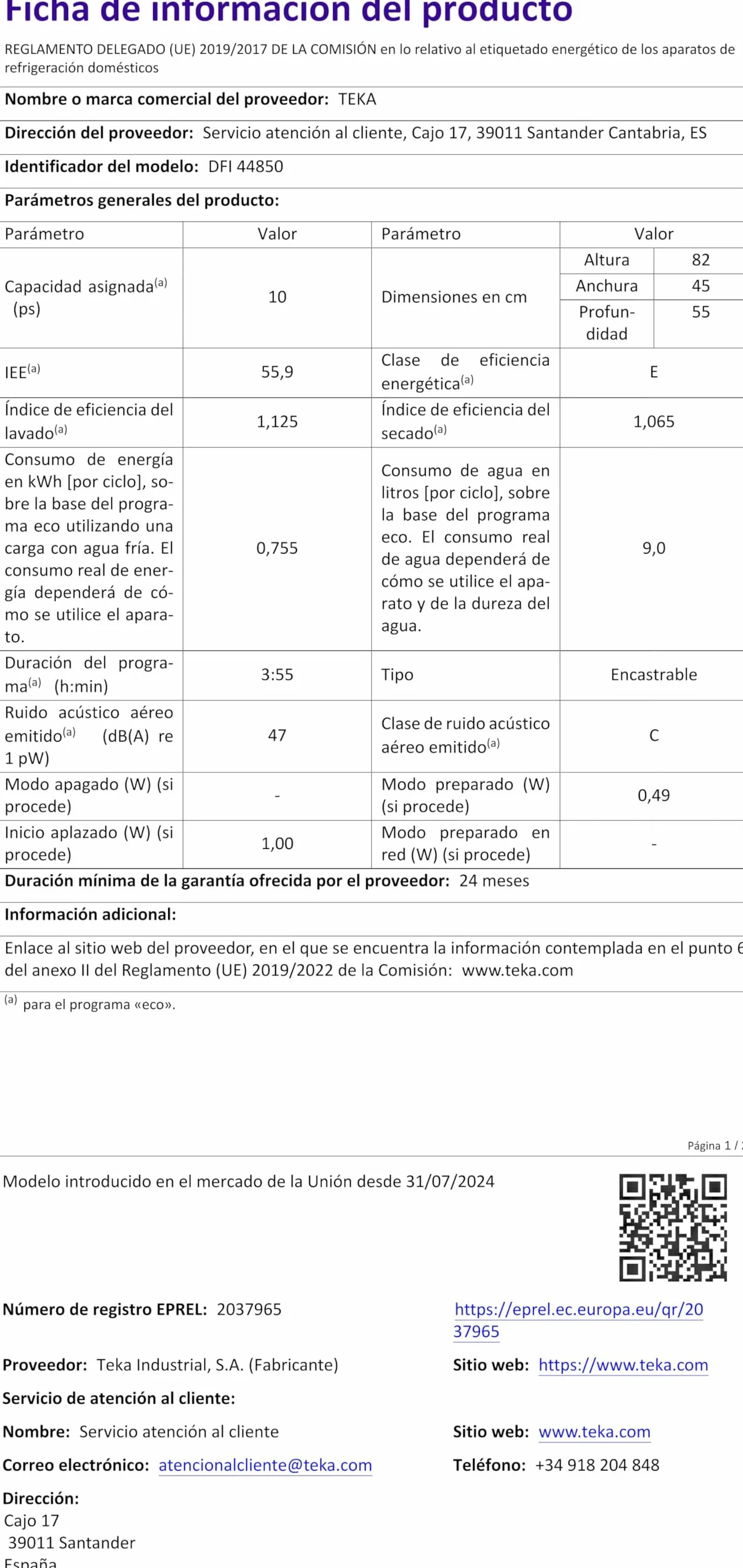 TEKA Lavavajillas Integrable 45 cm 10 Cubiertos Puerta Deslizante DFI 44850