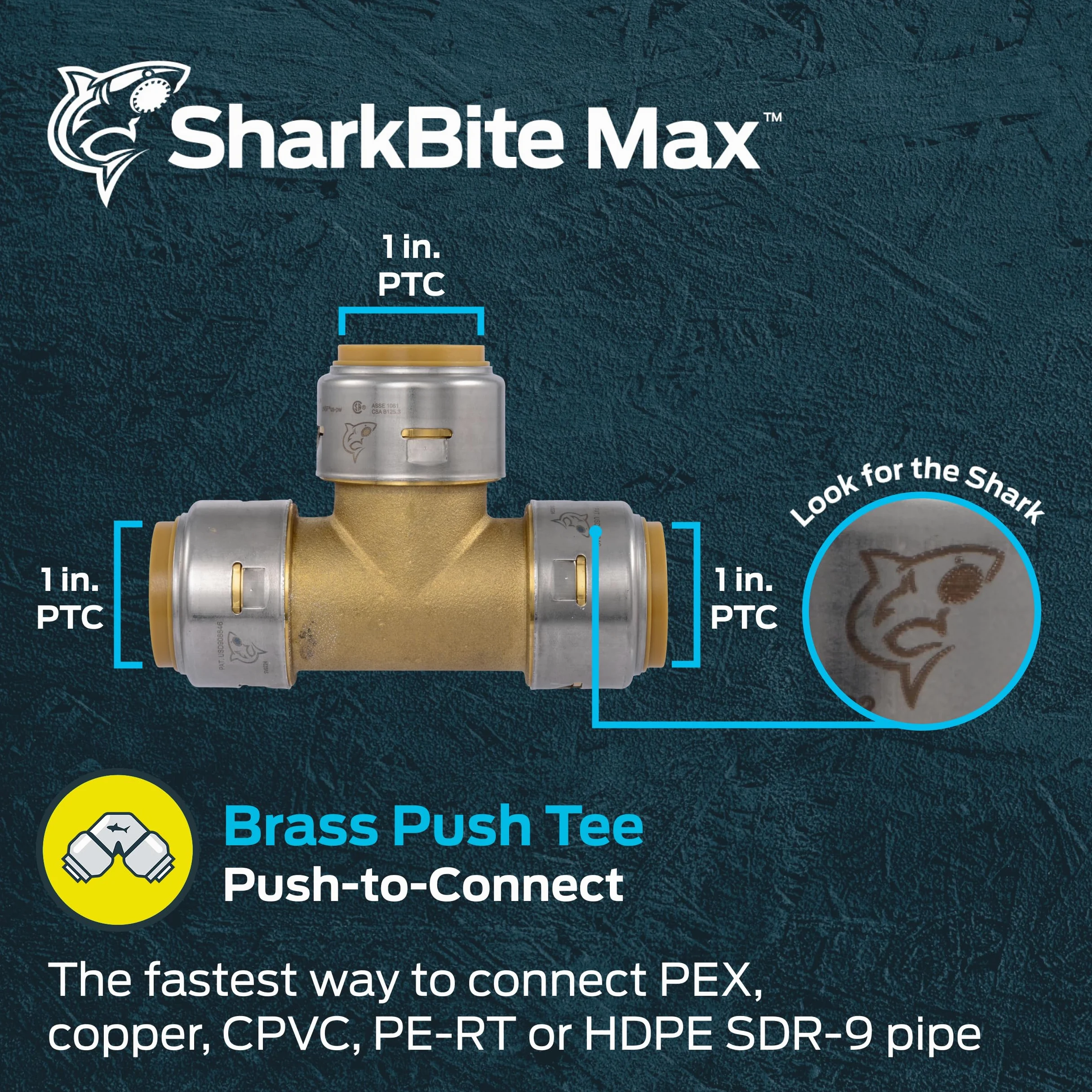 SharkBite Max 1 pulgada Tee, empuje para conectar latón accesorio de fontanería, tubo PEX, cobre, CPVC, PE-RT, HDPE, UR374A