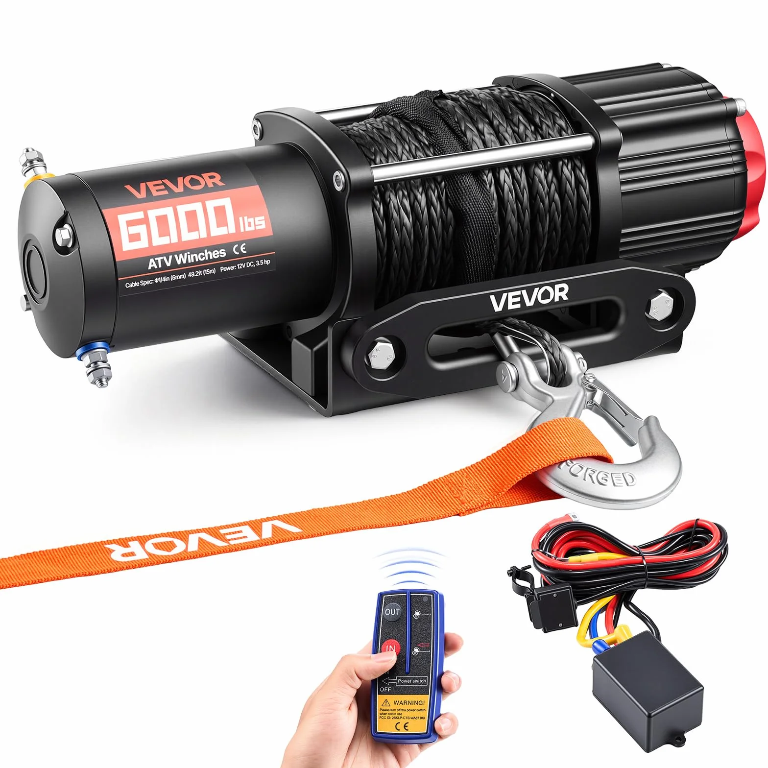 VEVOR Cabrestante Eléctrico 12V 2721 kg para ATV UTV con Cuerda Sintética de 6 mm x 15 m, Motor 2,6 kW, Control Remoto con Cable, Guía de Cable, Gancho y Soporte de Montaje para Exteriores Todoterreno