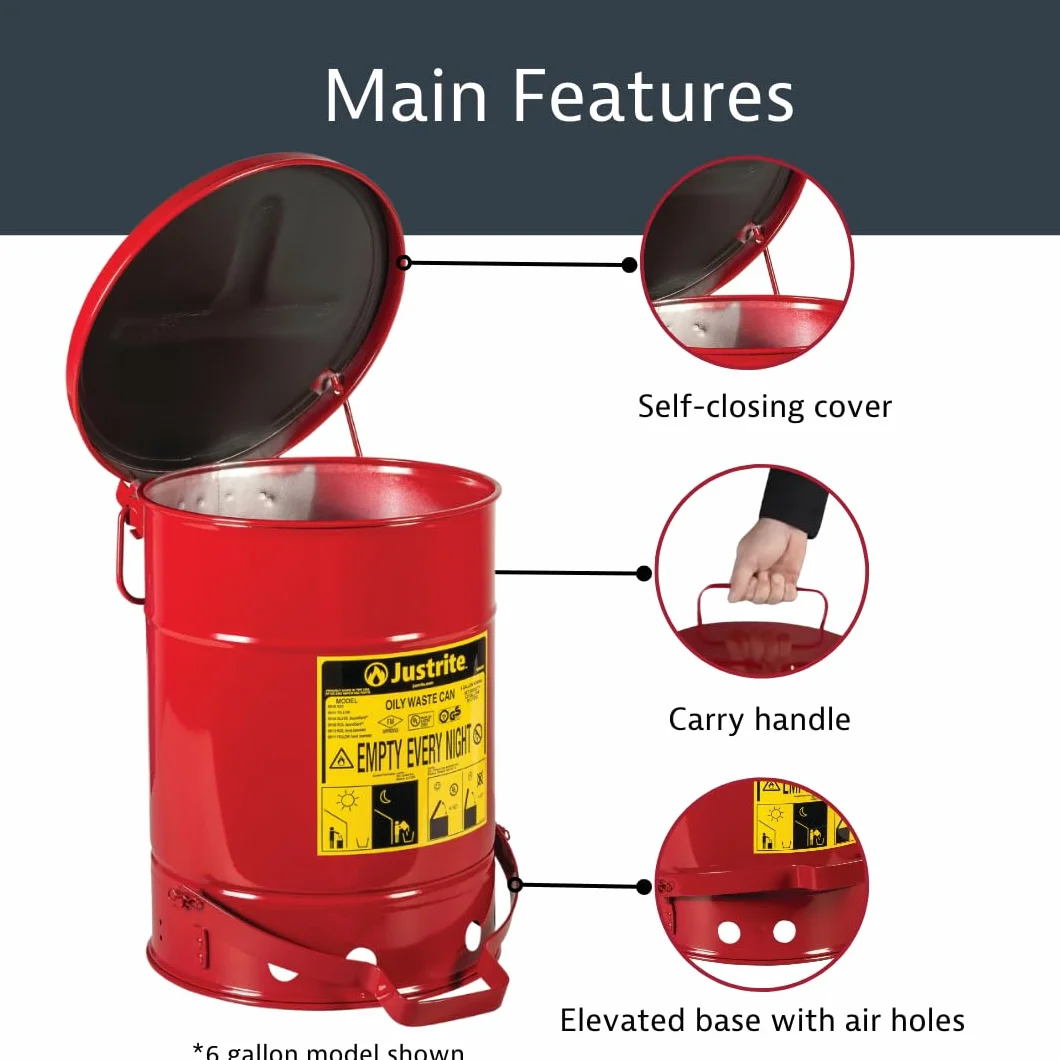 Justrite SoundGuard - Cubo de basura de acero con tapa con control de pie (38 L), color rojo