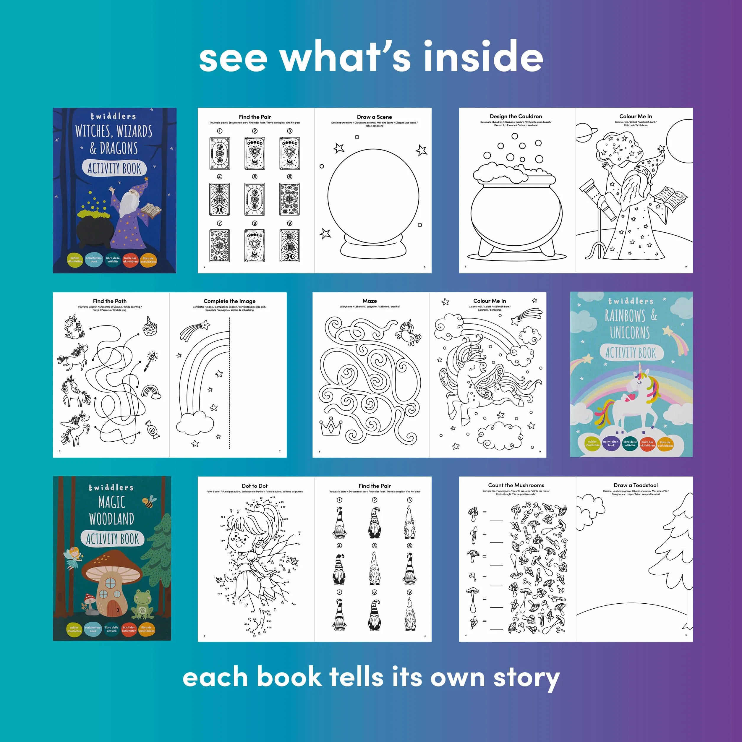 THE TWIDDLERS 24 Mini Libros de Actividades de Fantasía para Niños - Juegos de Contar, Dibujar y Memoria - 4 a 8 años