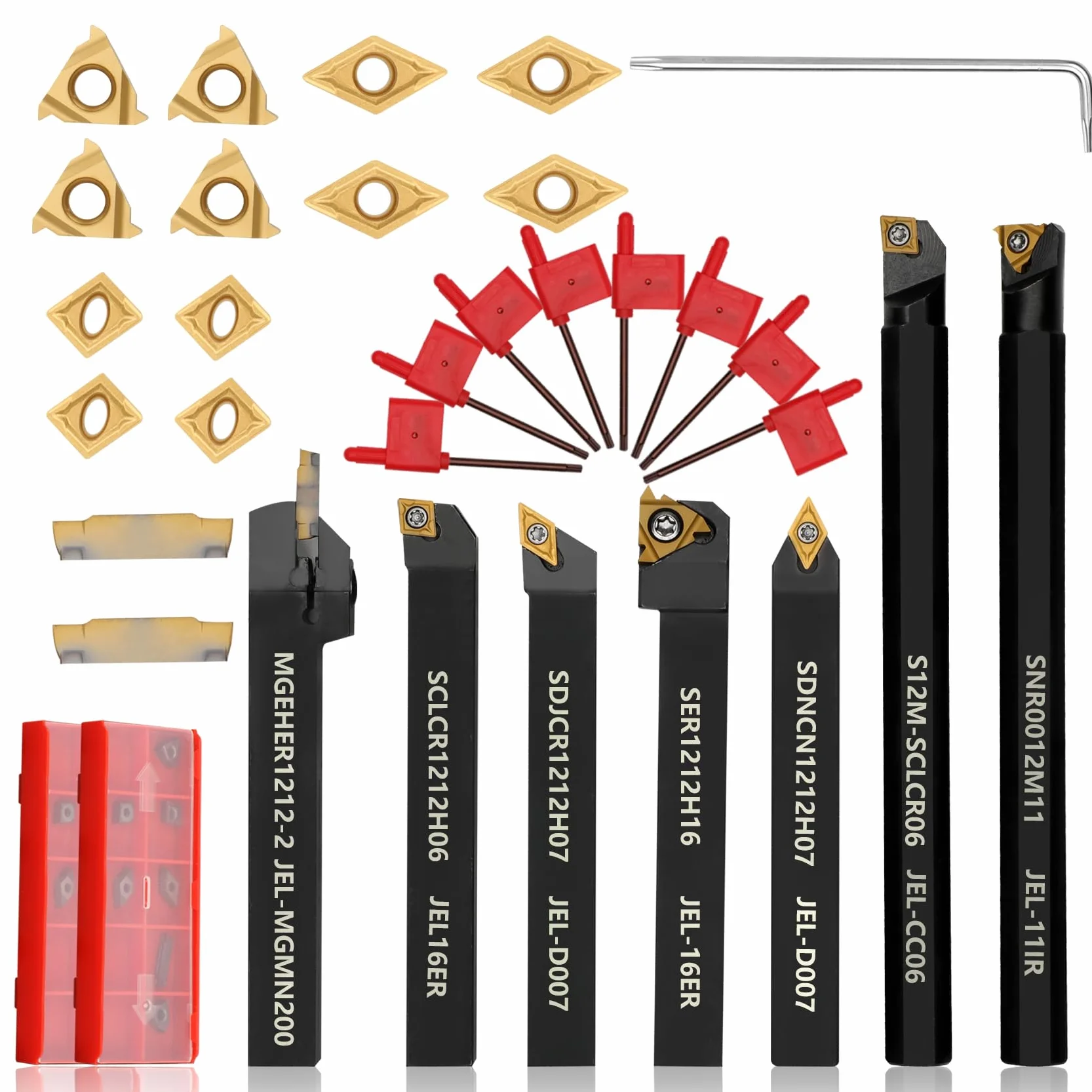 Juego de 21 herramientas de torneado de torno indexable, vástago 1/2 pulgada y 12 mm, 7 soportes de metal