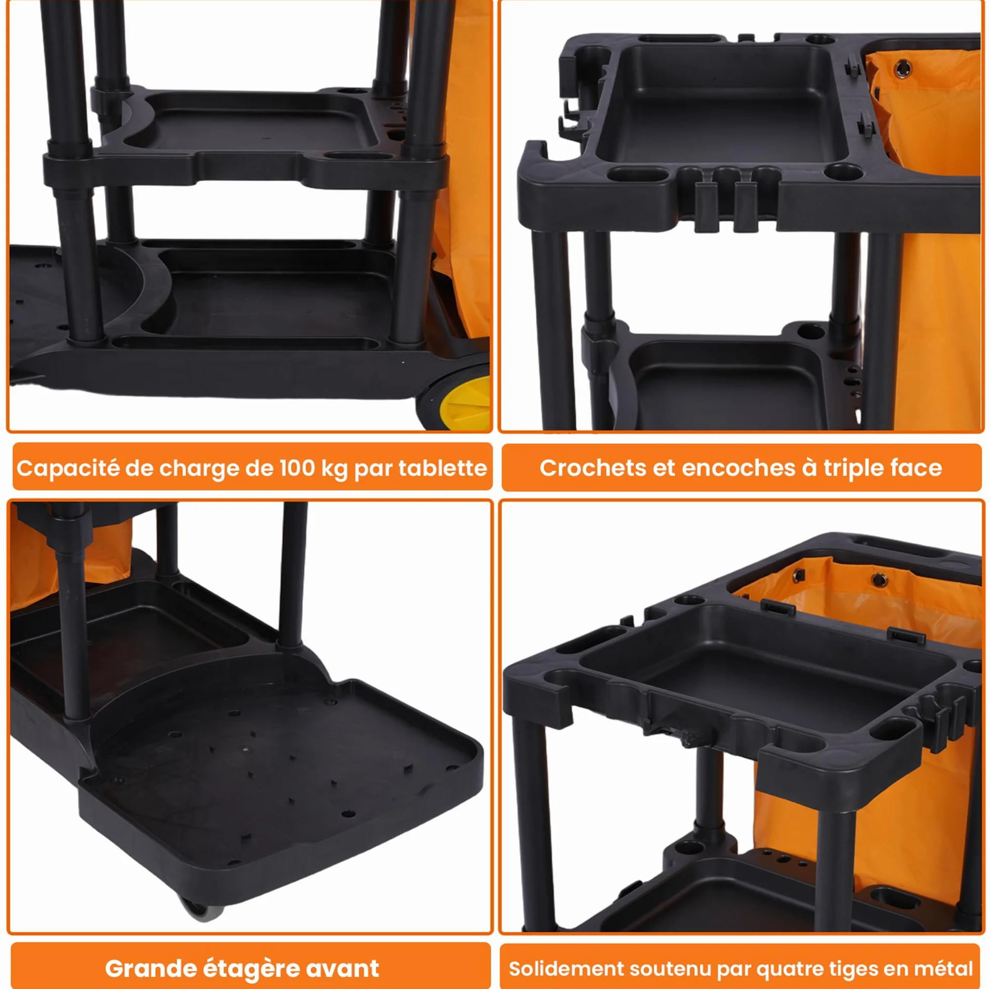 Uyoyous Carro de limpieza profesional, 3 niveles con 4 ruedas, color negro y amarillo, bolsa grande de 65 l, carro de mantenimiento, 113 x 56 x 93 cm