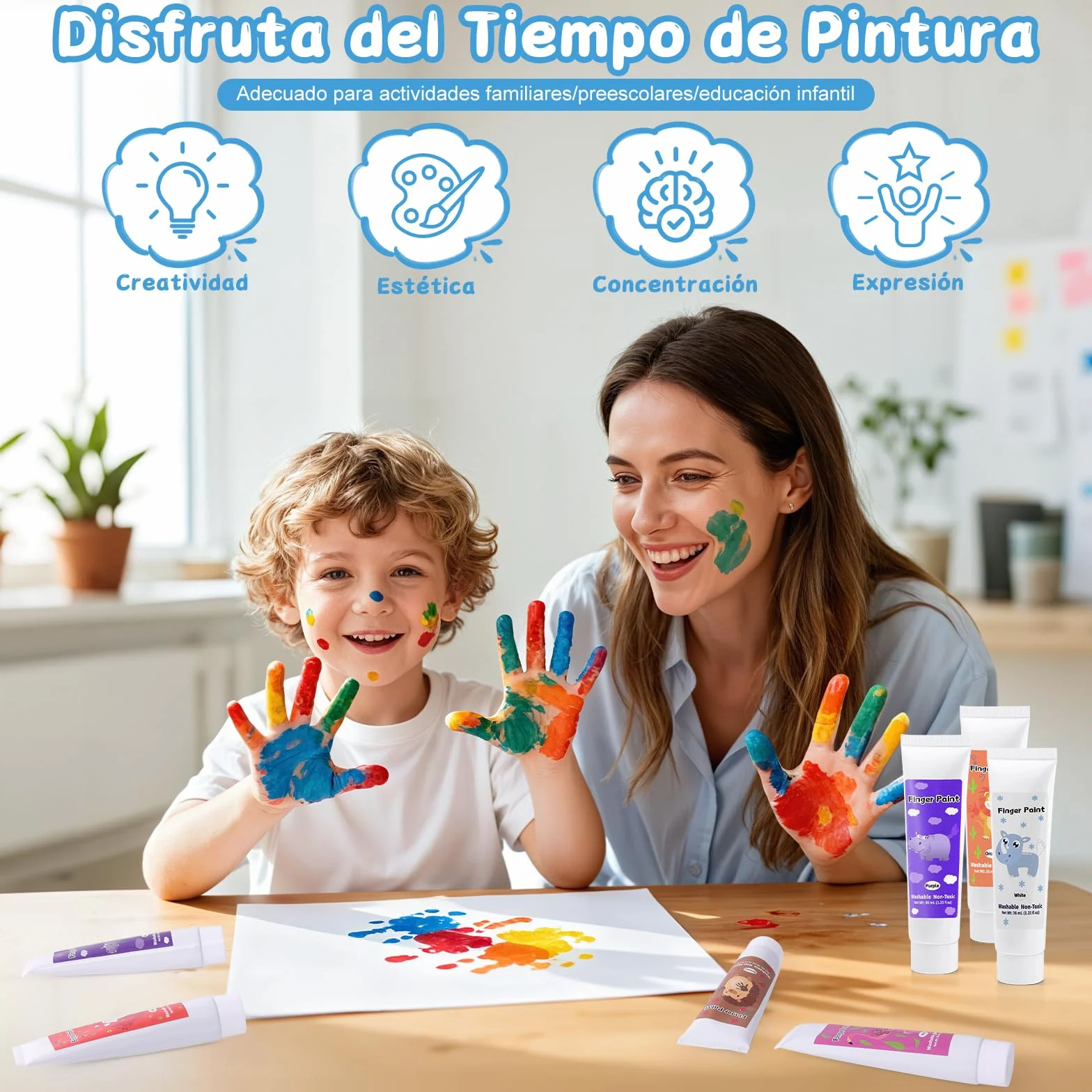 Pintura de Dedos No Tóxica para Niños, Kit de 12 Tubos (36ml c/u) - Lavable