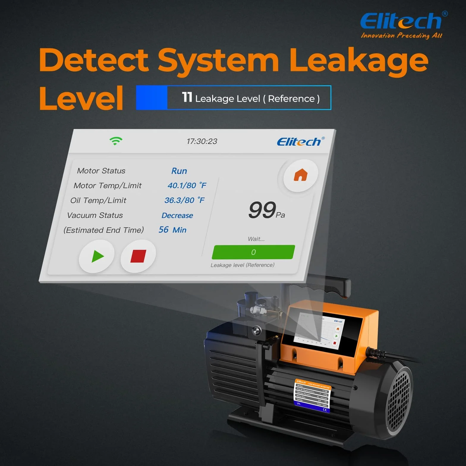 Elitech Bomba de vacío V900 9 CFM: bomba de vacío inteligente de 2 etapas con control por aplicación y medidor de vacío adicional para un diagnóstico preciso del sistema HVAC