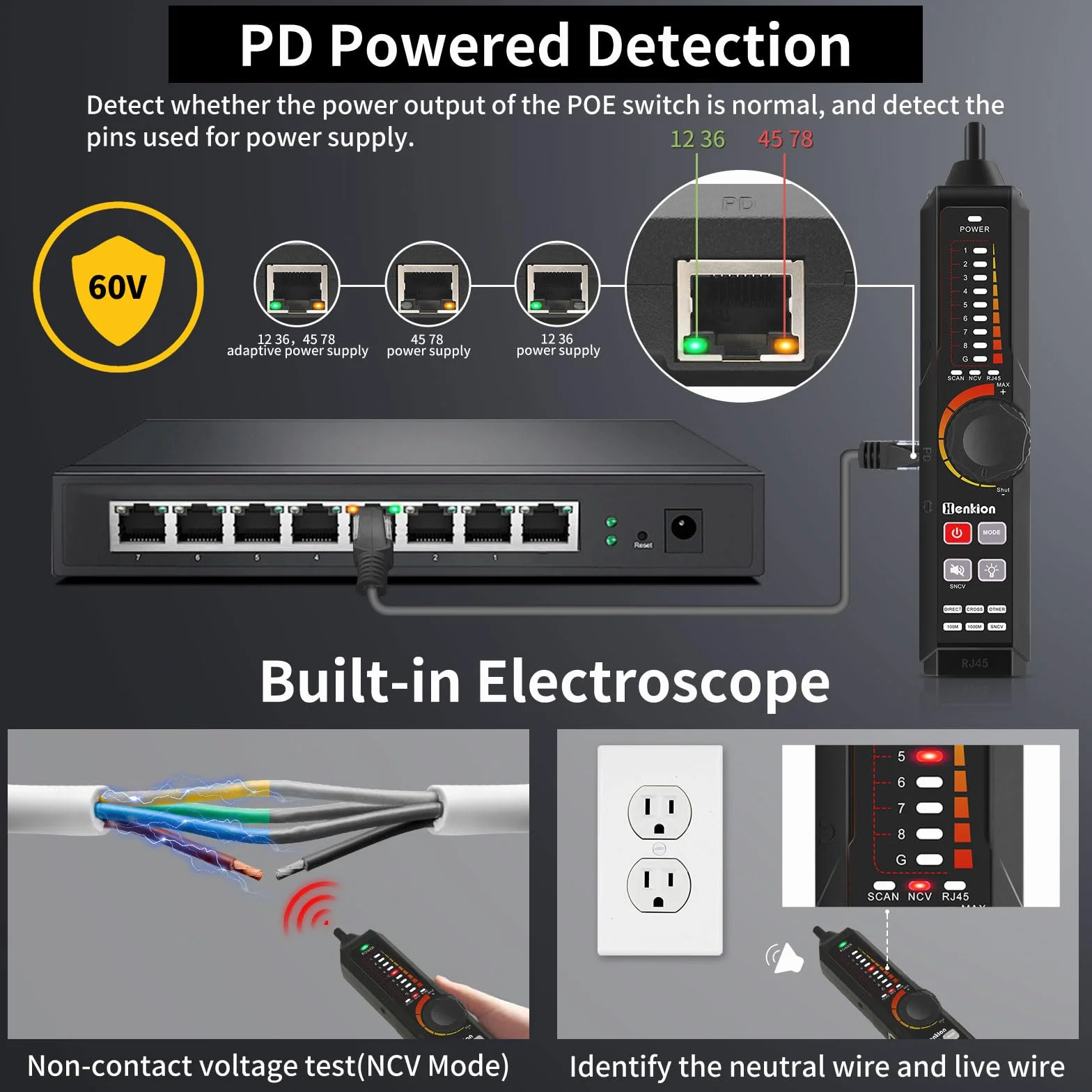 Probador de cabina de red RJ45 multifunción, trazador de cables, probador de cables recargables, prueba de conexión UTP y fallo de enchufe, longitud del cable, VFL, OPM, IEEE 802.3bt/af/at y detección