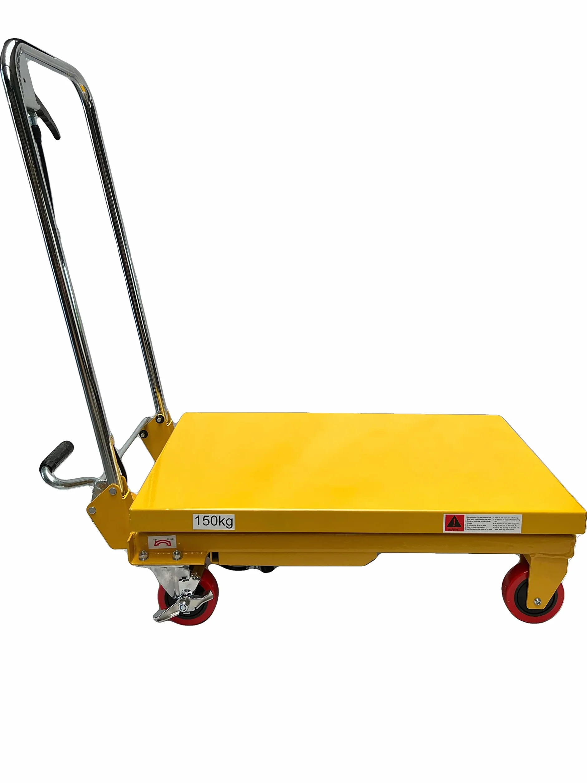 Kraftwelle Plataforma de elevación hidráulica con capacidad de carga de 150 kg, carretilla elevadora móvil con patas de tijera, carretilla de plataforma con 4 ruedas de poliamida amarillas