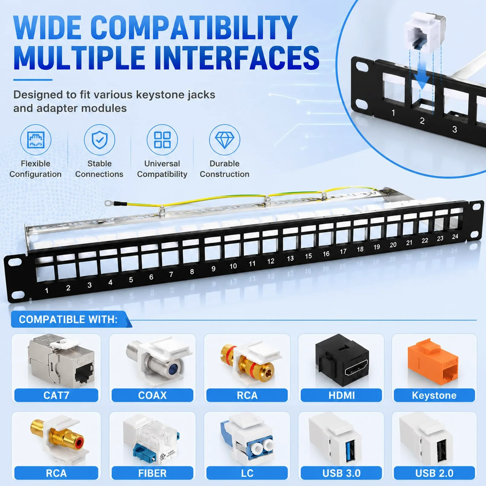Panel de conexión de 19 pulgadas y 24 puertos, panel de conexiones blindado con módulos Keystone, acoplamiento CAT 7 Keystone RJ45, panel de conexiones 1U en blanco para rack de red