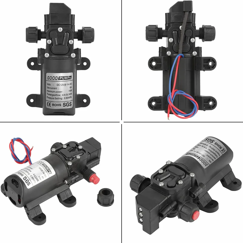 Bomba de agua DC 12V 0.9Mpa 4-6L/Min 70W autocebante de diafragma alta presión