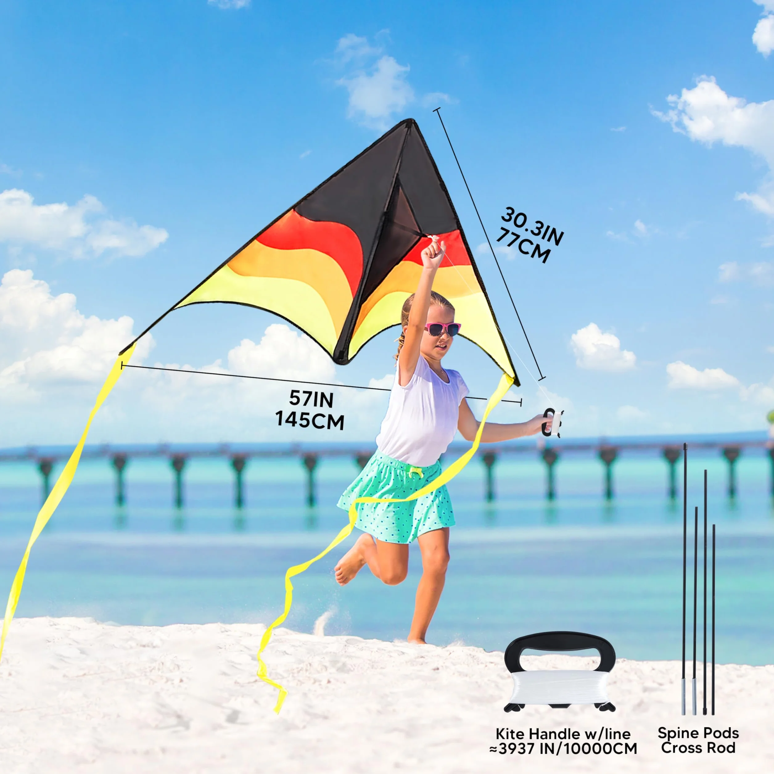 SYNCFUN Cometa Delta grande degradada para niños y adultos, cometa de playa con cuerda de 328 pies