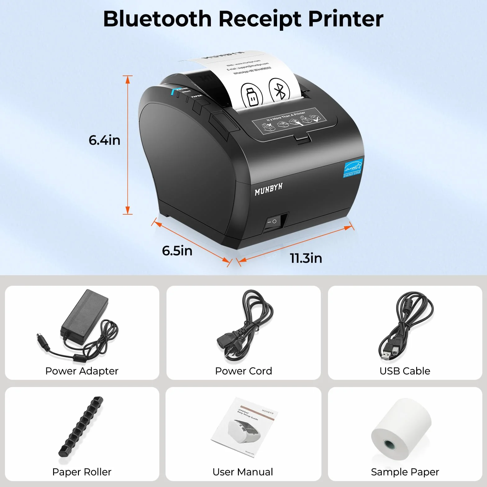MUNBYN Impresora de Tickets Bluetooth, Impresora Termica Mfi, Puertos USB/LAN/Serial, Compatible con iOS, Android, MacOS, Windows, Linux, Chrome, con Tapa oleófuga y antisalpicaduras