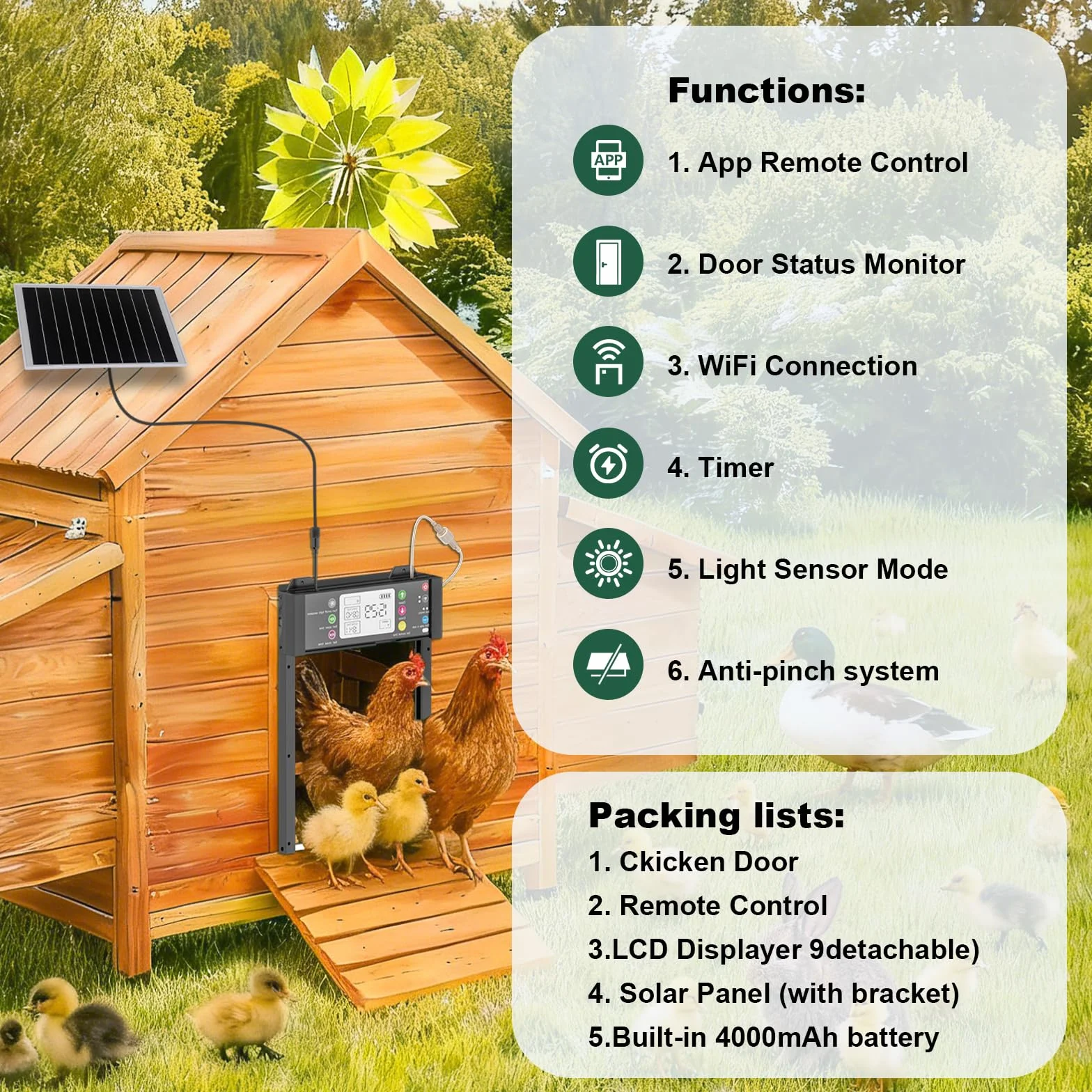 Puerta de pollo automática – Puerta eléctrica para pollos con WiFi y aplicación Tuya, estado en tiempo real, puerta automática de pollo con sensor de luz y temporizador, protección contra atascos