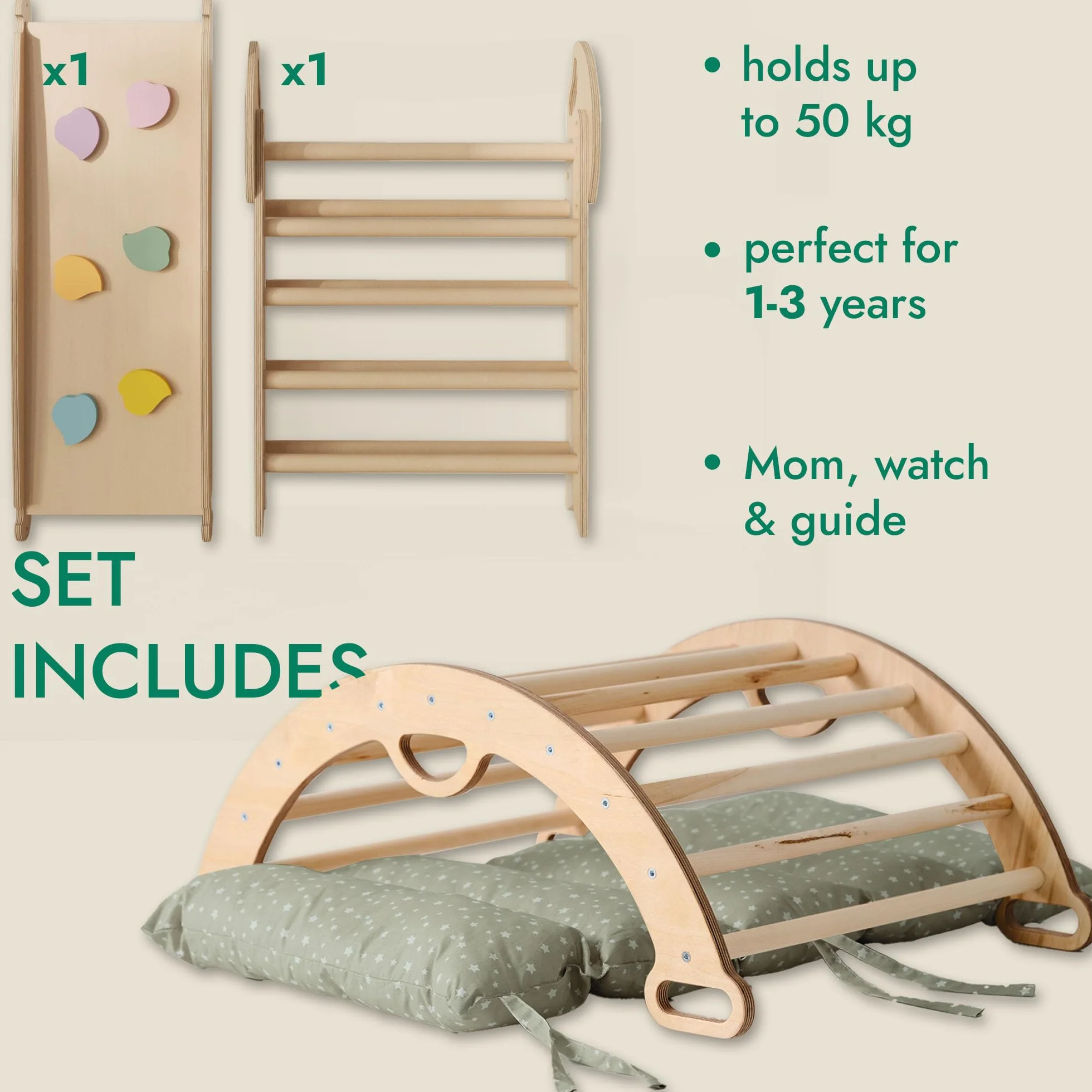 Estructura de Escalada 5 en 1 para Niños - Escalera Triángulo, Arco, Balance Board, Cojín, Gimnasio Montessori de Madera 1-3 Años