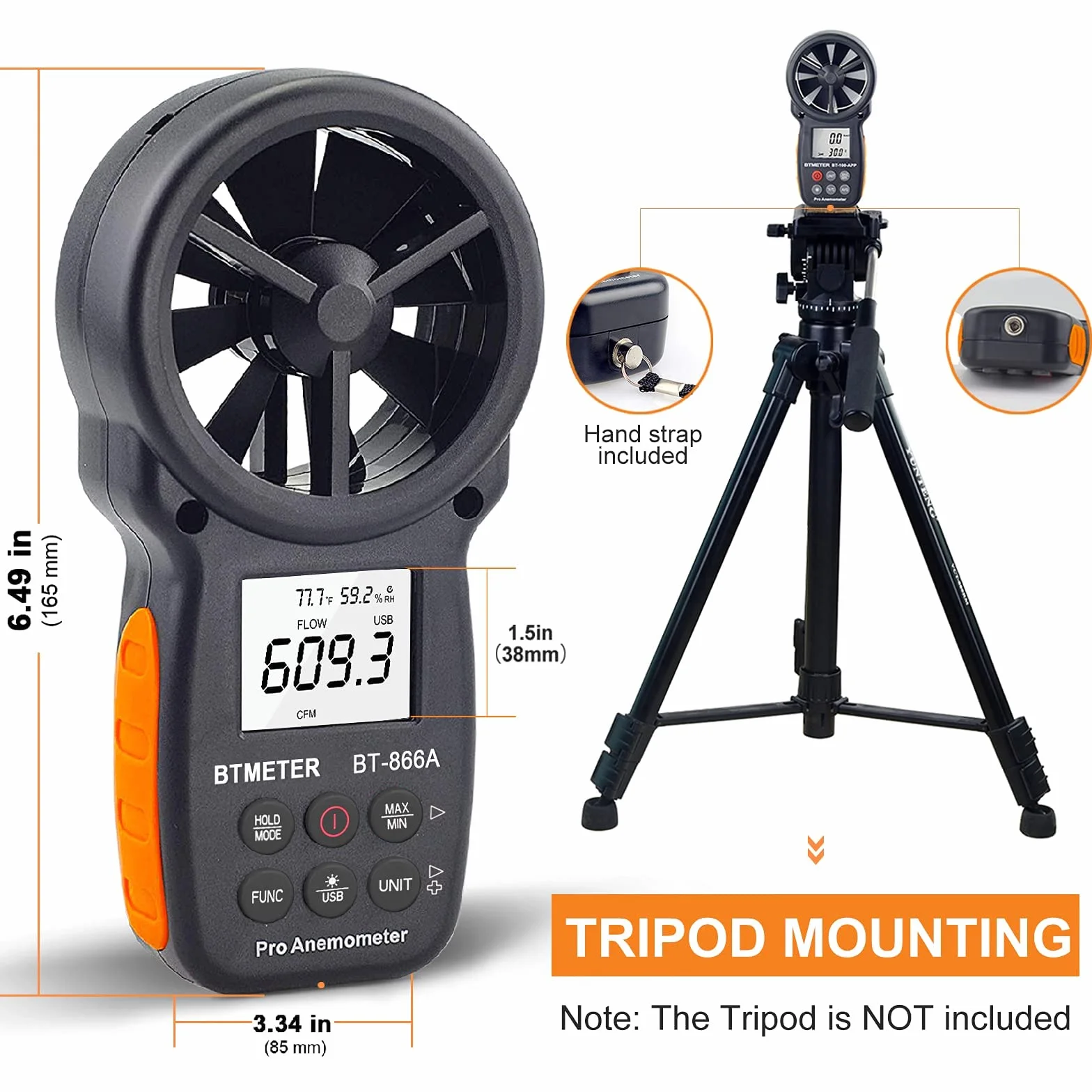 BTMETER BT-866A Anemómetro HVAC CFM Medidor de Velocidad de Viento Digital 0,3-40 m/s con Retroiluminado USB