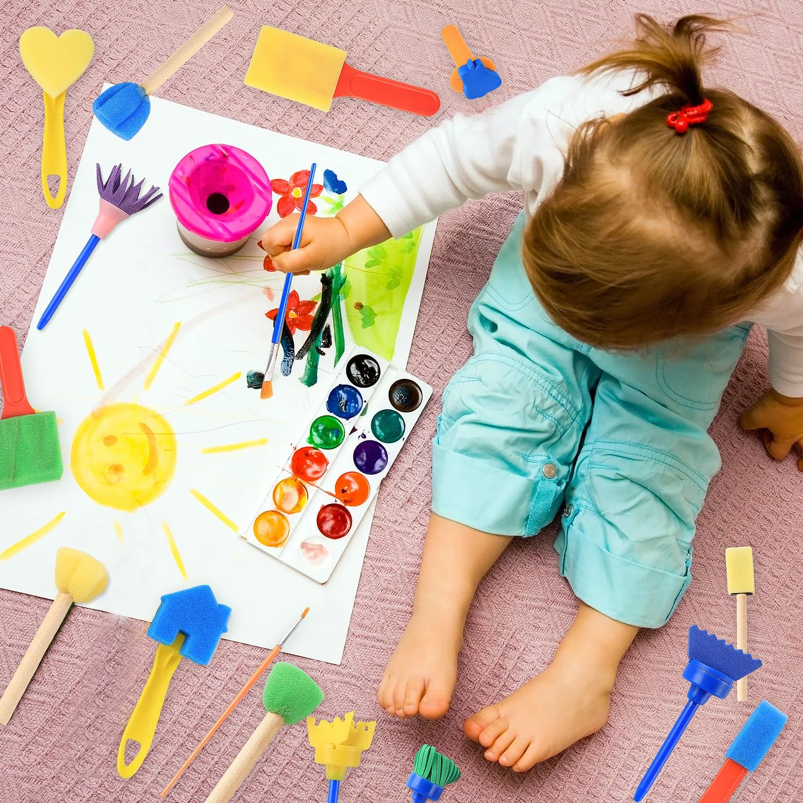 Esponja Pintura Cepillos Kit 30 Piezas Reutilizable Rollo Papel Pintar Pinceles Niños