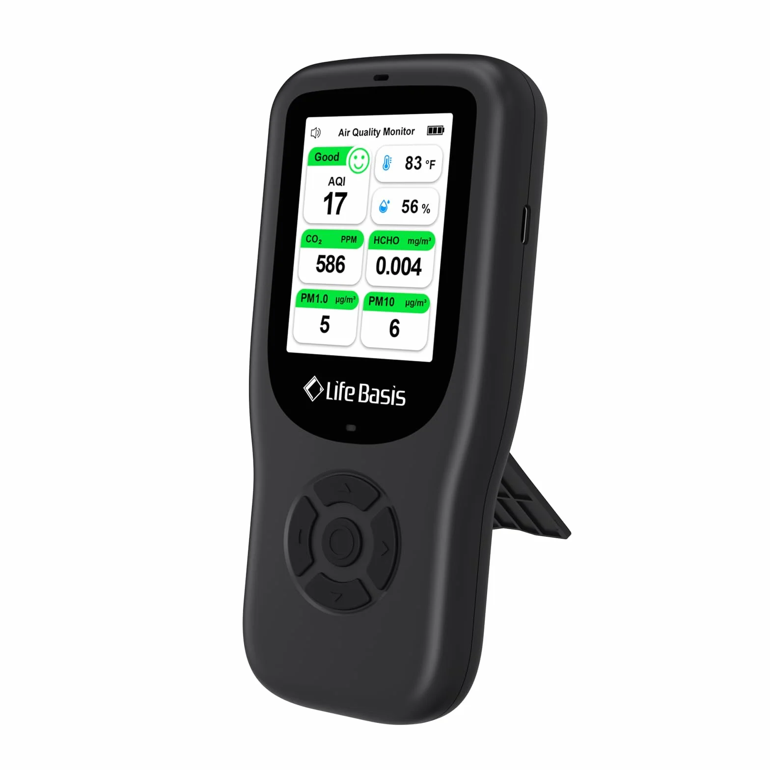 LifeBasis Medidor Calidad Aire 10 en 1 Detector de Gas Recargable con Soporte Medidor CO2,AQI, PM1.0, PM2.5, PM10, TVOC, HCHO, Partículas, Temperatura y Humedad para Hogar Oficina Escuela