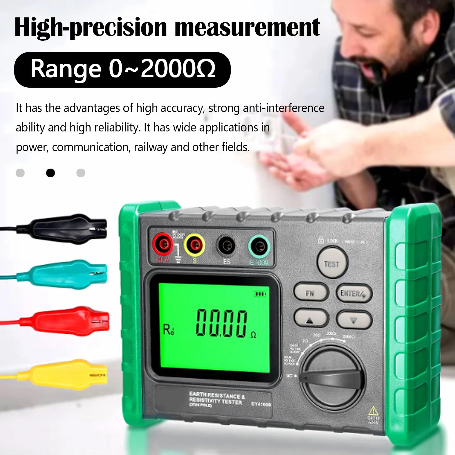 Probador de Resistencia de Aislamiento y Megóhmetro Digital, 0-2000 Ω/ohm Voltaje de Tierra AC 0-600 V, Voltaje Fotovoltaico DC 0-1500 V