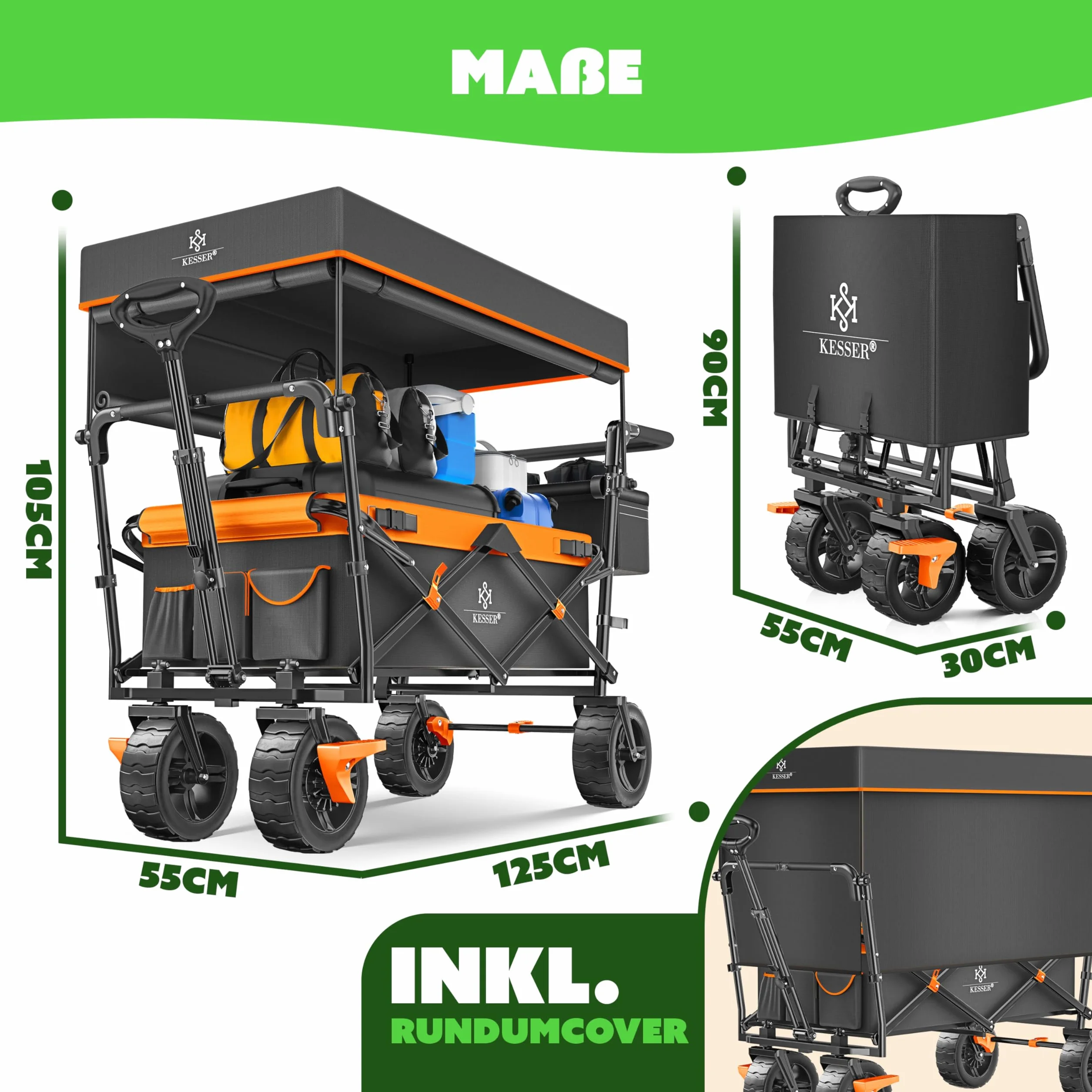 KESSER® Carro plegable GT9000 con techo | Máx. soporta 150 kg, ruedas de goma dura, frenos de estacionamiento (delantero y trasero) | Cerradura, cubierta, clima