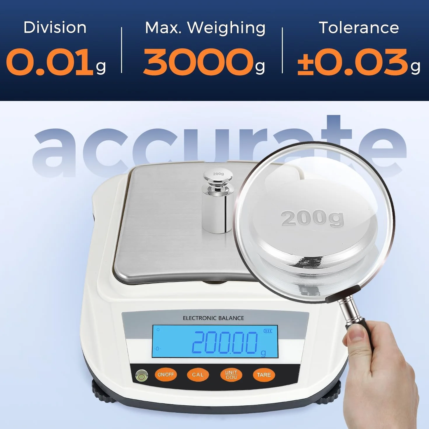 Bonvoisin Báscula analítica de 2000 g x 0,01 g, báscula de laboratorio de alta precisión con 17 unidades, función de conteo y calibración automática, placa de pesaje de acero inoxidable, doble