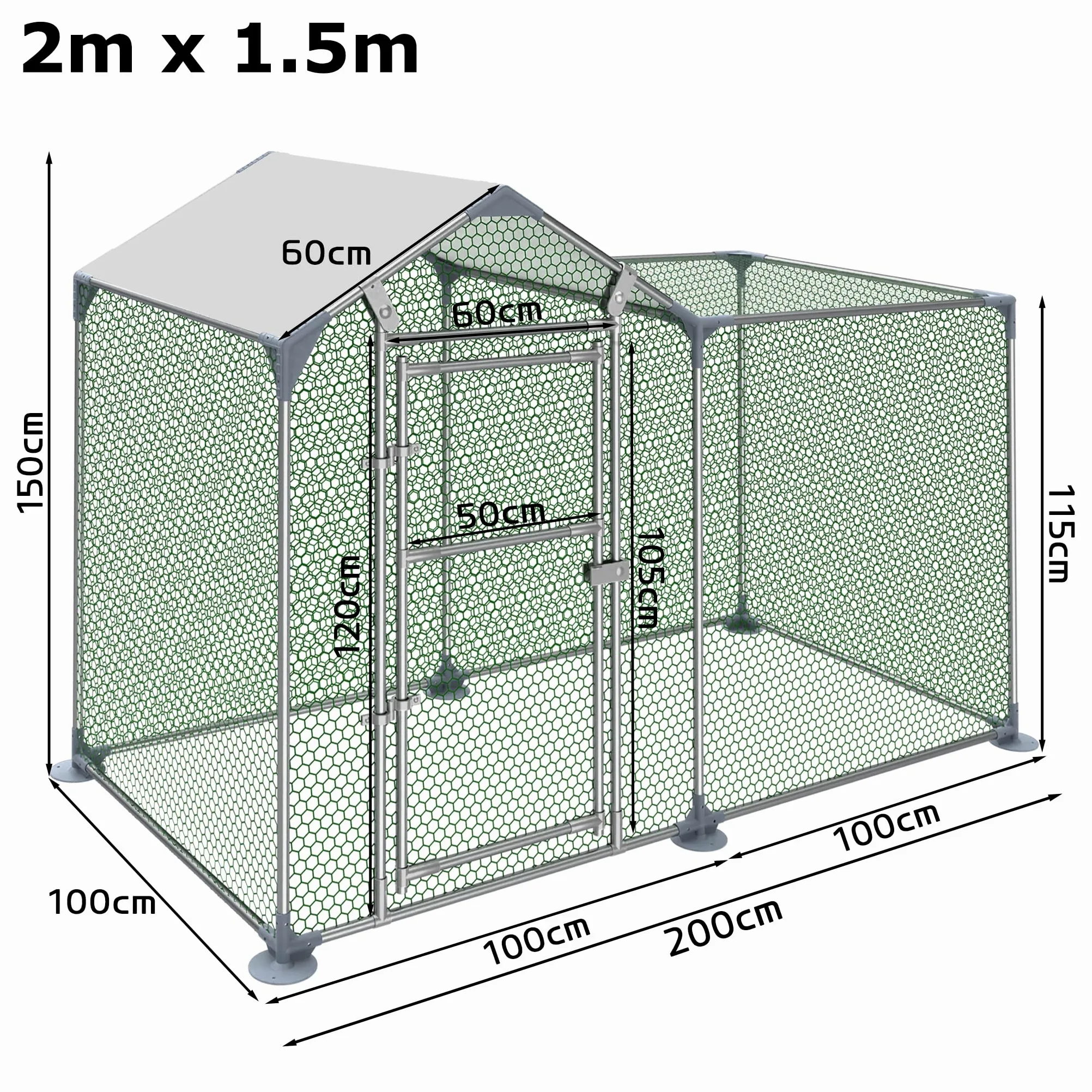 LARS360 Gallinero de acero galvanizado, 2 x 1 x 1,5 m con protección solar, jaula estable para gallinas con puerta con cerradura, cercado para aves de corral para pollos, patos y gansos