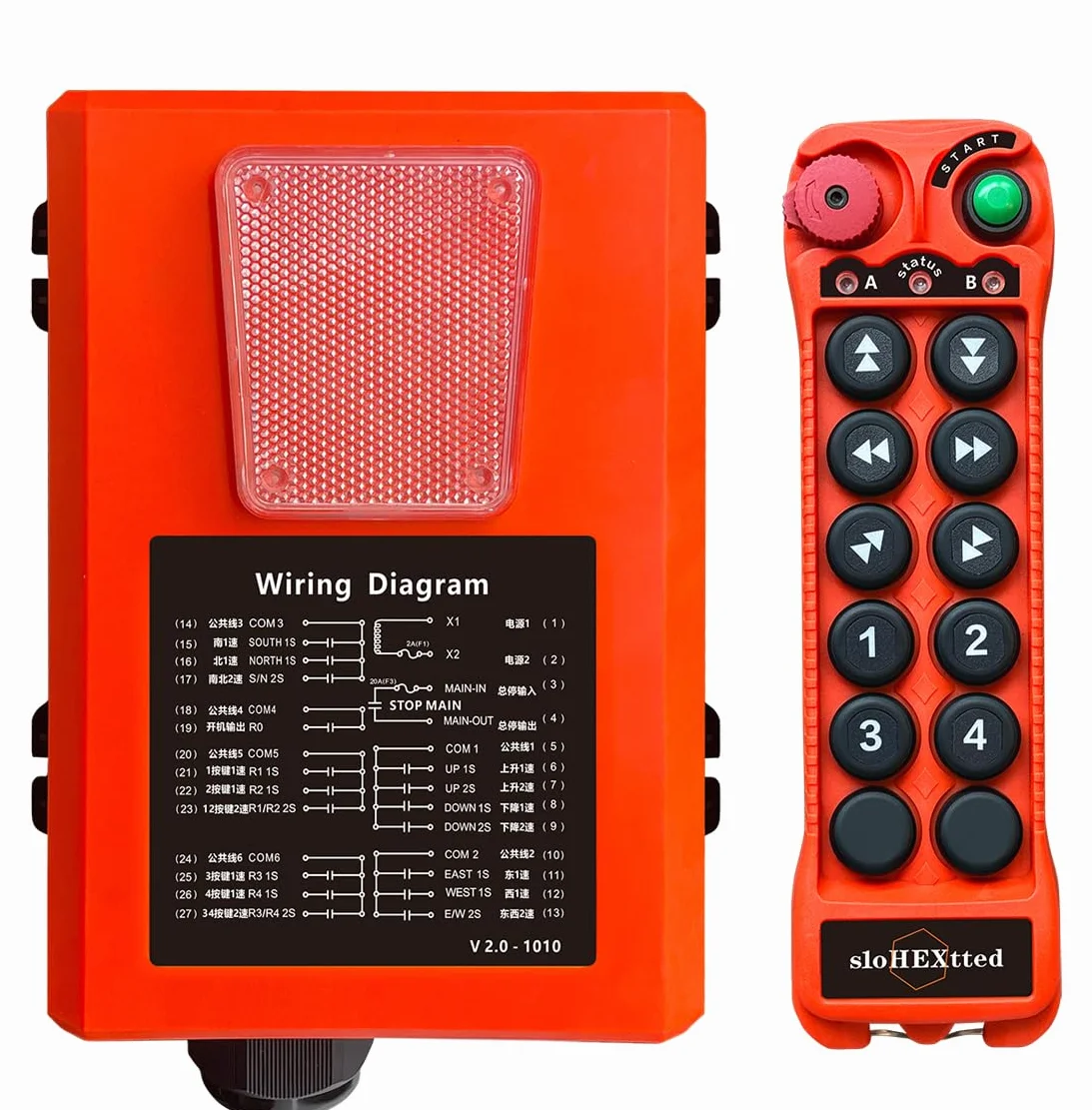 Control remoto industrial inalámbrico de 10 botones para grúa y polipasto eléctrico 28-465V | Mando radio para polipasto eléctrico de cadena y puente grúa, emisor y receptor con botón de parada de emergencia.