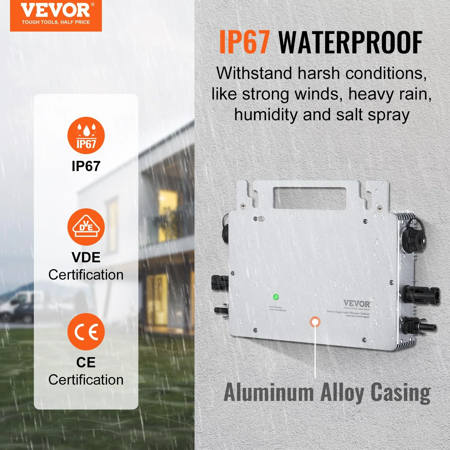 VEVOR Micro inversor Solar 600W Grid Tie Solar Micro Inversor IP67 Impermeable Aleación de Aluminio Voltaje DC 18-50V con WiFi App Antena Cable de alimentación para Sistemas de Paneles solares