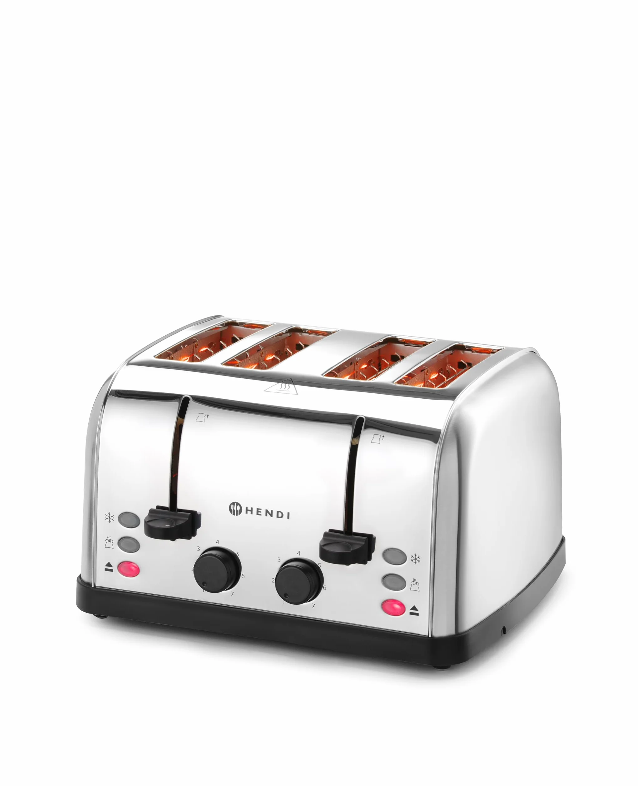 HENDI Tostadora de pan, 4 ranuras extra anchas, 2 zonas de calentamiento, tostador, 7 niveles de tostado, 3 funciones: tostar, decongelar y recalentar, 240V, 1500W, 295x335x(H)180mm, acero inoxidable