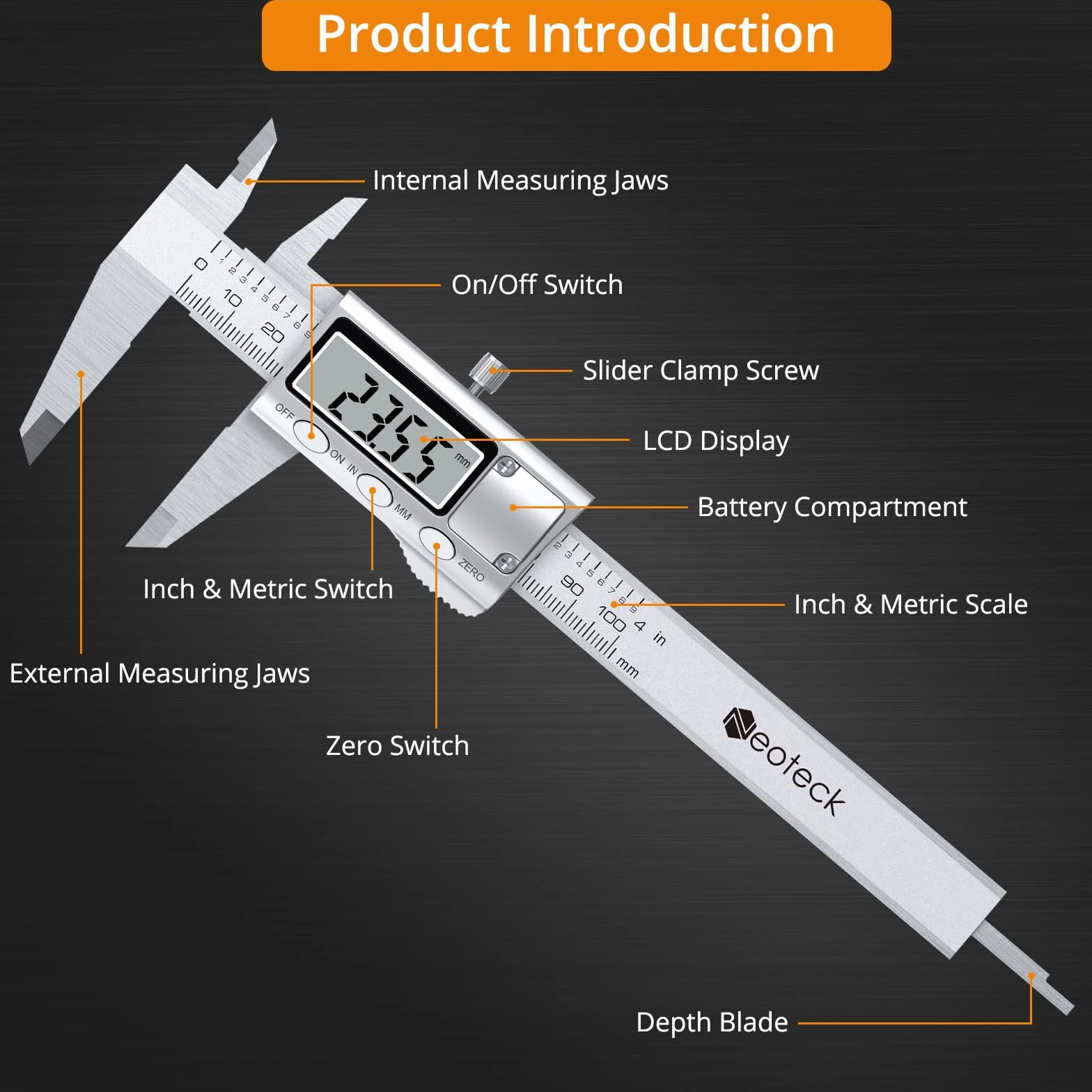 Neoteck Calibre Digital 100 mm Acero Inoxidable inch/mm Herramienta Medición