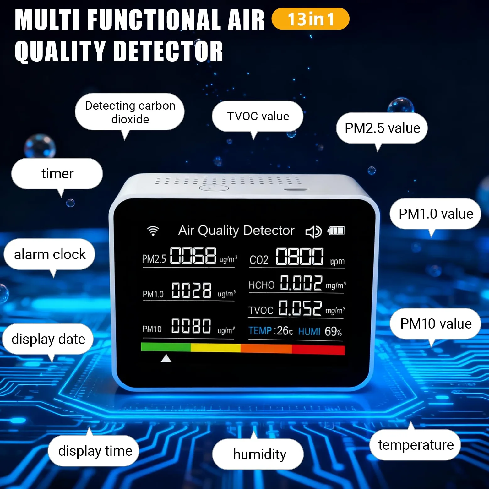 13 en 1 Tuya Intelligent Air Quality Monitor Interior, Detector de CO2 portátil, admite la función de Alarma de Control de Aplicaciones remotas con probador de Calidad del Aire (Blanco)