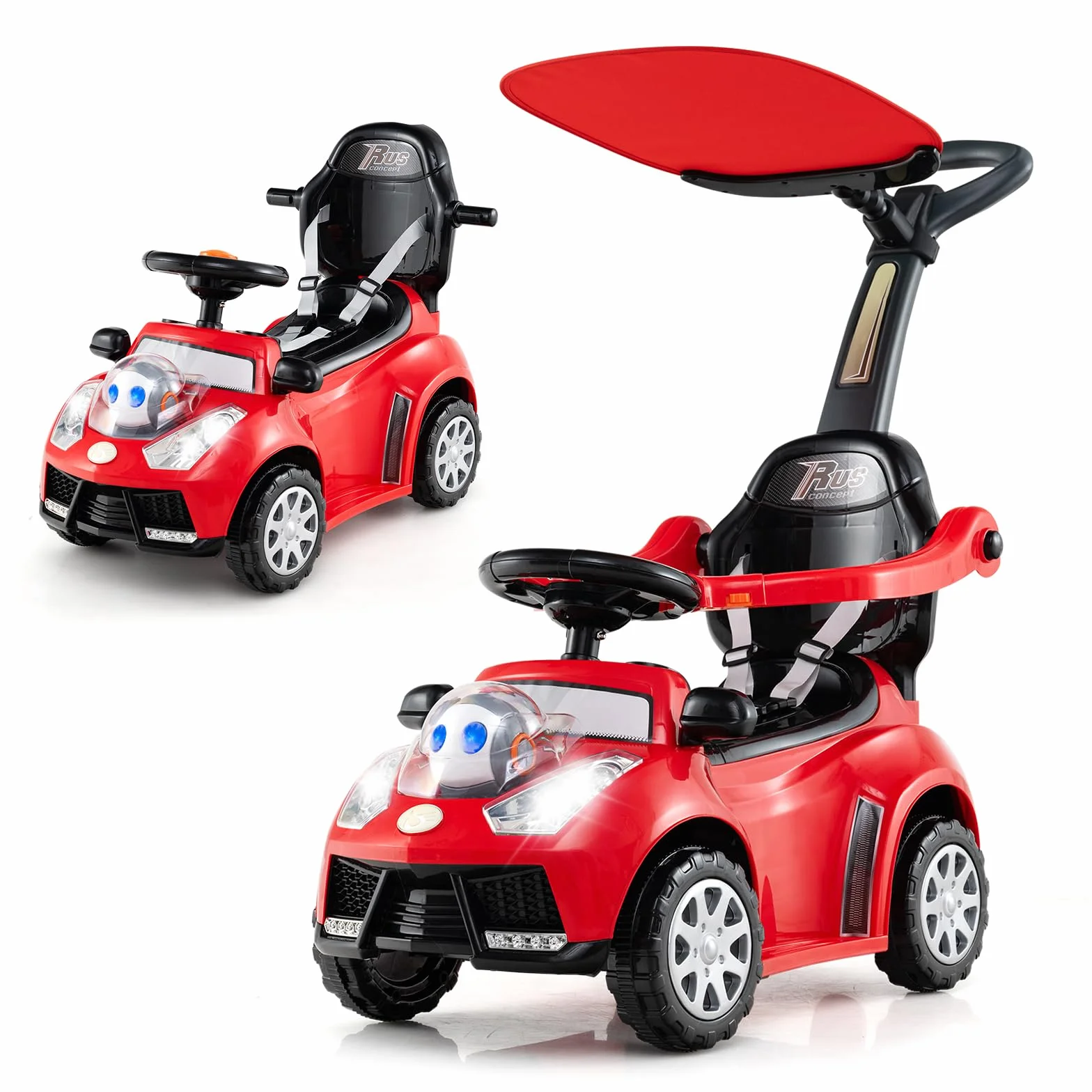 COSTWAY Coche Correpasillo 3 en 1 para Niños, Coche Empujable con Manillar, Bocina, Música, Luz y Cinturón de Seguridad, Juguete de Montar con Almacenaje y Manillar Parental (Rojo)