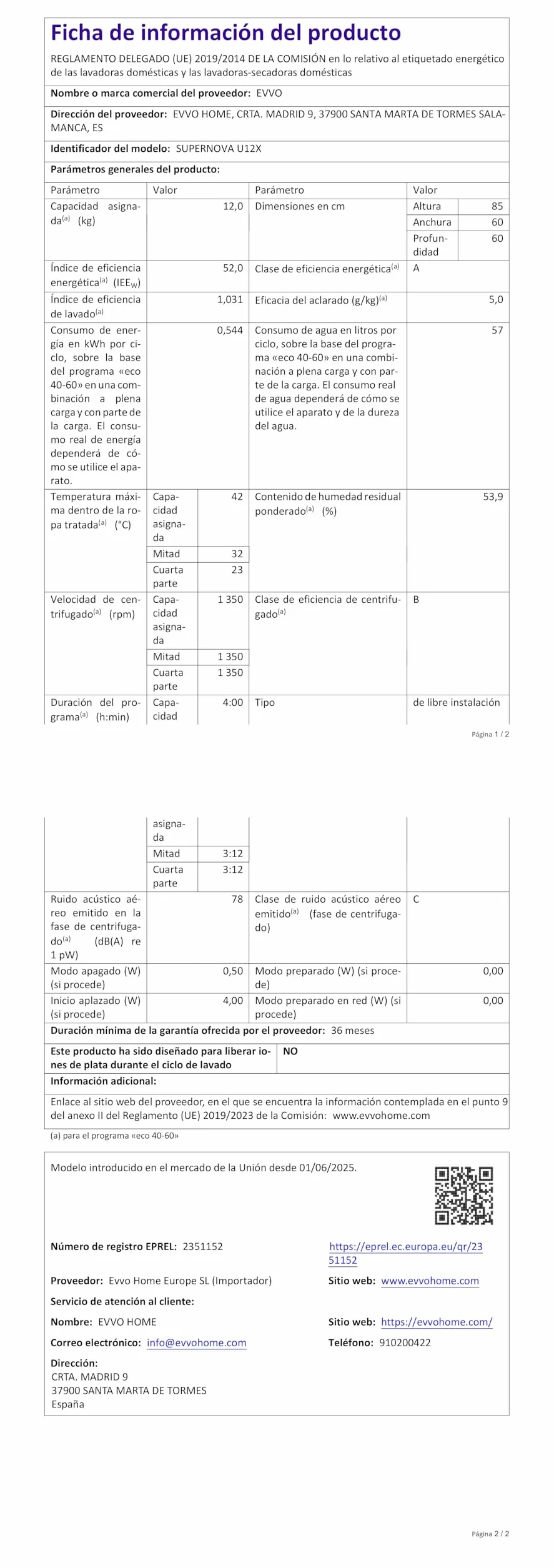 EVVO Lavadora carga frontal 12 kg Supernova, Eficiencia energética A, Motor Inverter, Panel Táctil Inox