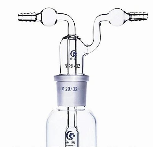 Botella de lavado de gas de vidrio de laboratorio de 250 ml, trampa de vacío con dos tubos curvados, junta 29/32, botella de vidrio de borosilicato para kit de cristalería de laboratorio de química